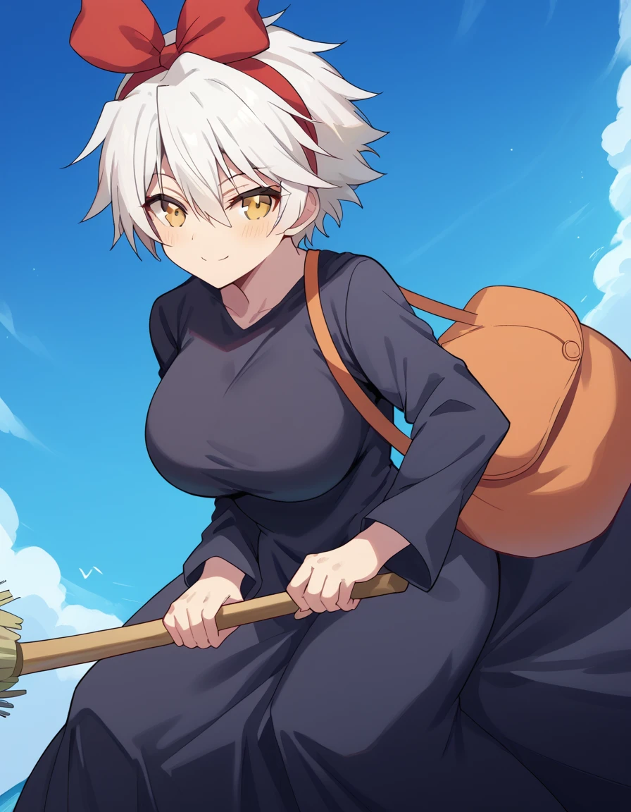 score_9, score_8_up, score_7_up, source_anime, <lora:sk-miyabi-s1-ponyxl-lora-nochekaiser:1>, miyabi, bangs, hair between eyes, yellow eyes, white hair, large breasts,, <lora:witch-kiki-cosplay-ponyxl-lora-nochekaiser:1>, witch kiki cosplay, kiki (majo no takkyuubin) (cosplay), bag, black dress, bow, bow hairband, cosplay dress, hairband, long dress, red bow, red hairband, shoulder bag, sleeves past elbows,, blue sky, broom, broom riding, smile, blush,, cowboy shot, looking at viewer,, , dutch angle, cowboy shot