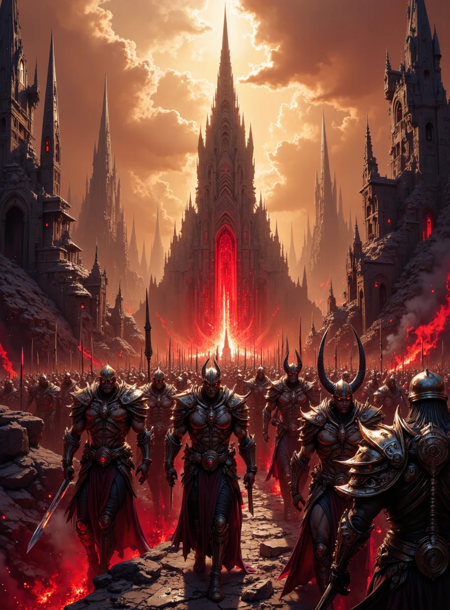 A twisted landscape of celestial hell features towering spires of obsidian and swirling acrid haze, echoing with the cries of lost souls. Infernal legions of demons march in disciplined ranks: hulking brutes with jagged horns and serpentine forms wield weapons forged from suffering. Clashing metal and anguished wails fill the air, while in the distance looms the Abyssal Throne made of bones, where a Dark Sovereign shrouded in shadows presides. The atmosphere is thick with malice and despair, bathed in a haunting crimson and gold light, celestial hell, demons, infernal legions, obsidian spire, Abyssal Throne, Dark Sovereign, fantasy art, dark fantasy, horror, surreal. <lora:Celestium-000017:0.7> <lora:Ultima_Flux_v1:0.3>