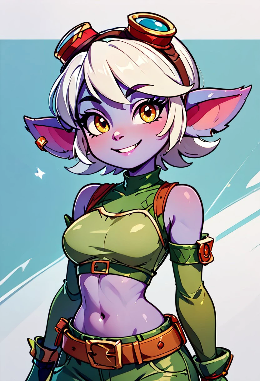 score_9, score_8, (curvy), cute, eyelashes,       
BREAK,
zzTristana, yellow eyes, pointy ears, white short hair, purple skin, goggles on head, green crop top, navel exposed, arm sleeves, fingerless gloves, green pants, belt, grenade belt,
,BREAK,
smile, looking at viewer, cowboy shot, zPDXL, Expressiveh,