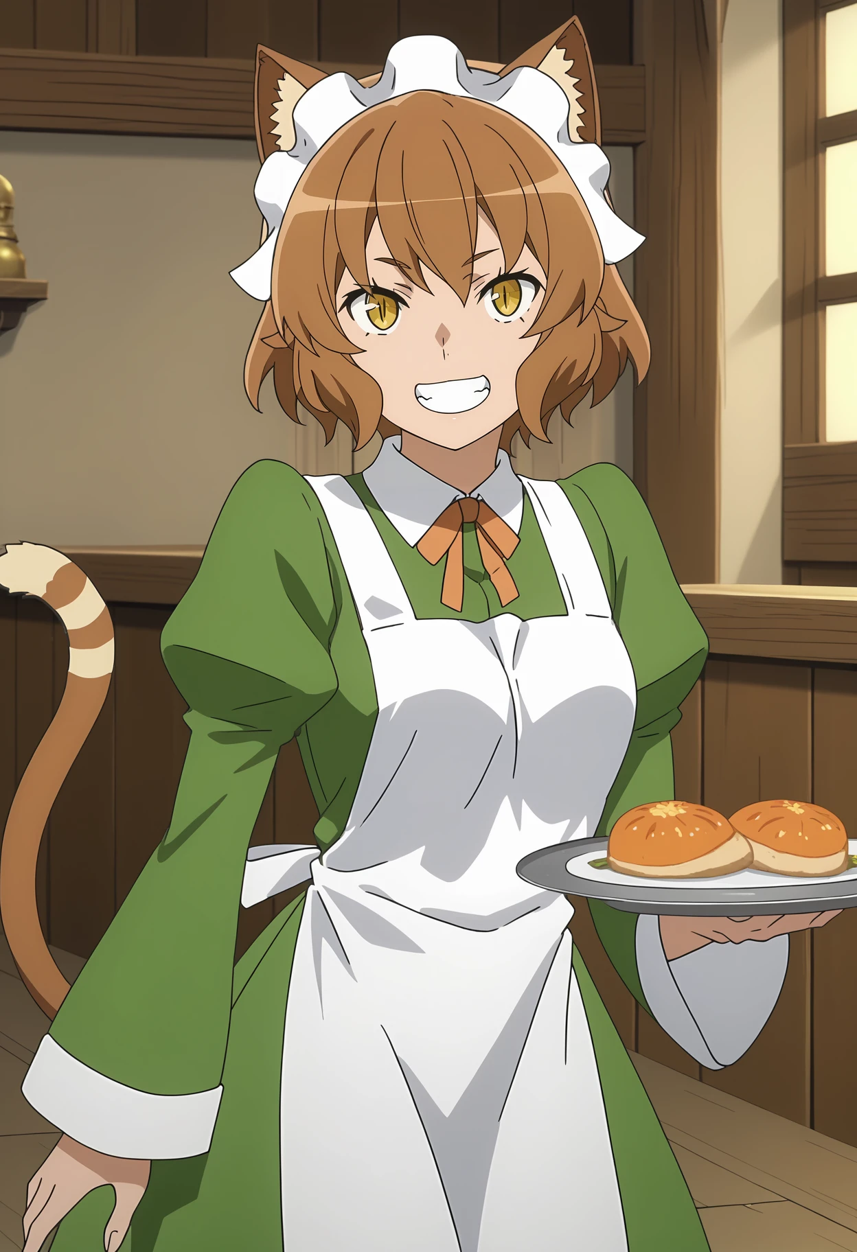 score_7_up, anime screencap,
<lora:DanMachi_AnyaFlomerXL:0.9>,
1girl, open mouth, smile, grin,
short hair, brown hair, brown eyes, yellow eyes, slit pupils, animal ears, cat tail, striped tail, brown tail,
AnyaFlomer, green dress, white headdress, neck ribbon, orange ribbon, juliet sleeves, long sleeves, white apron,
holding plate,
standing, looking at viewer,
indoors, medieval, restaurant