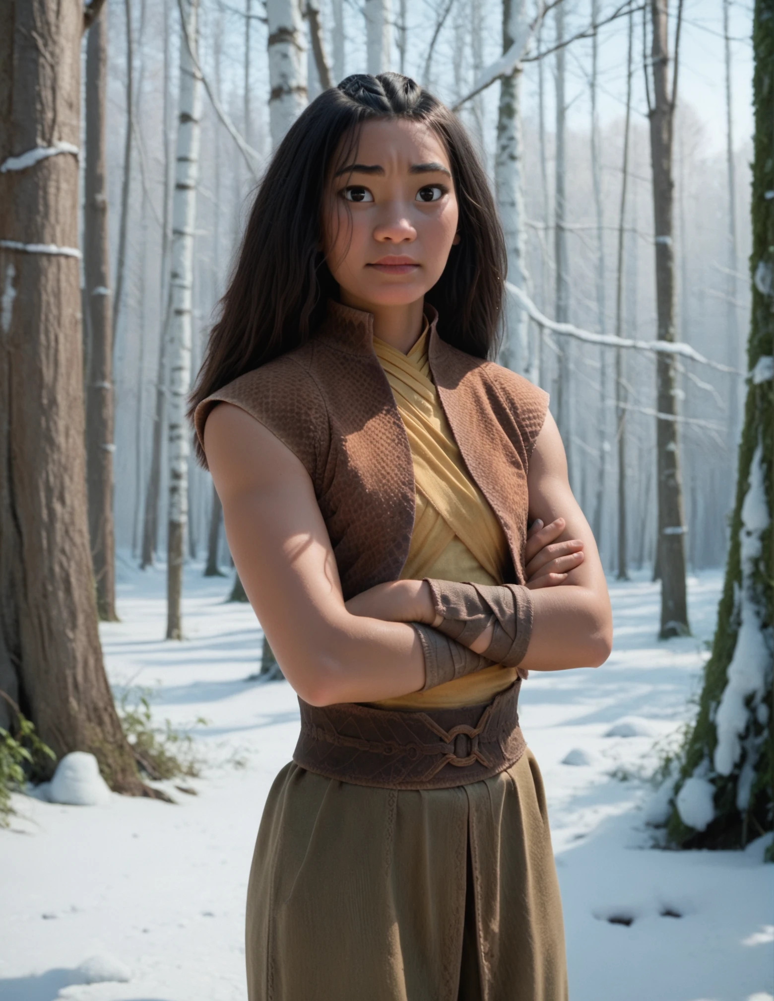 1girl, solo, high contrast, against light, dark ambience hyper realistic, black hair, sleeveless, outdoors, japanese forest, snow, leaning on a tree, arms crossed, looking at the viewer<lora:Raya:0.75> raya, score_9, score_8_up, score_7_up, score_6_up