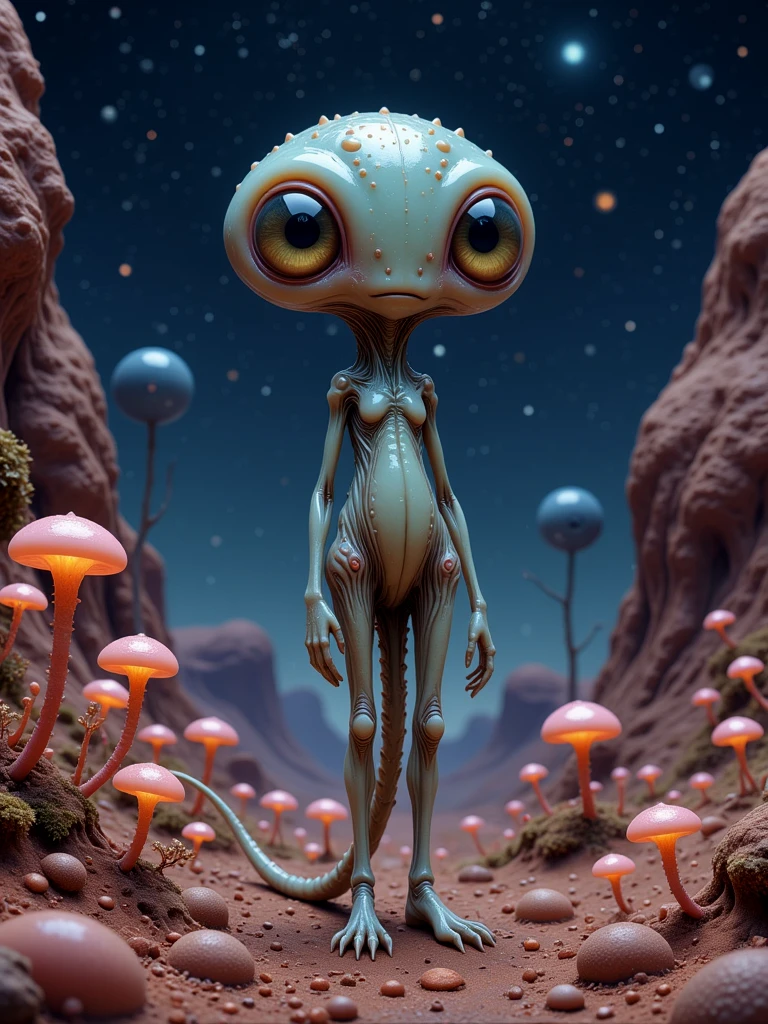 A tall slender squishy scaled alien creature standing in an alien landscape. Cosmic splendor.

Night. Glowing plants in a desert landscape. Glittering stars overhead.

sqshyCE style