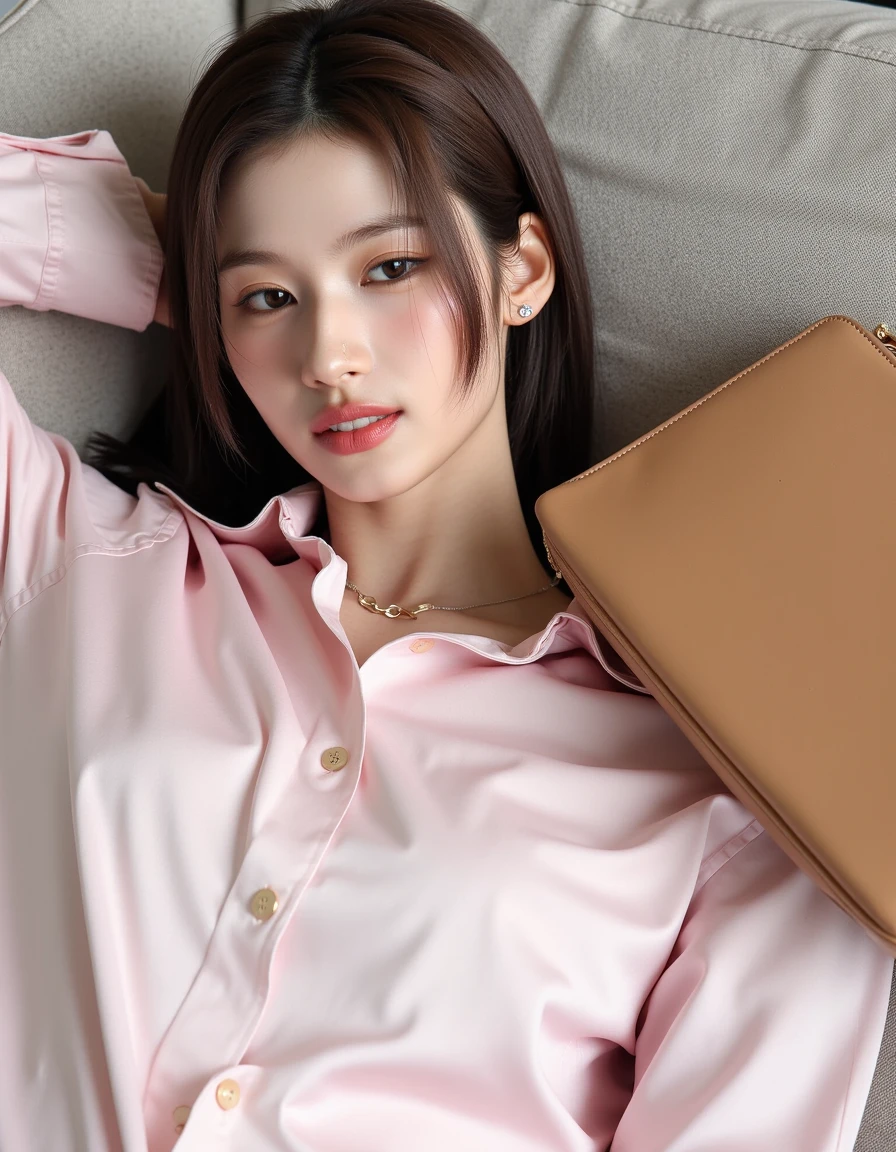 This is a high-resolution photograph featuring a young East Asian woman with fair skin and straight, dark brown hair that is styled in a loose, natural manner. She has a soft, serene expression with subtle makeup highlighting her eyes and lips. She is wearing a light pink, button-down shirt with long sleeves, which is slightly unbuttoned at the top, revealing a glimpse of her collarbone. The shirt appears to be made of a soft, slightly shiny fabric, possibly silk or satin, which adds a luxurious texture to her ensemble.
The background consists of a neutral-colored, light gray fabric, possibly a couch or a cushion, on which she is reclining. To her right, there is a large, tan-colored handbag with a gold logo, likely a Prada bag, positioned in a casual manner, adding a touch of luxury and style to the scene. The lighting in the image is soft and natural, likely from a nearby window, casting gentle shadows that enhance the serene atmosphere of the photograph. The overall mood of the image is calm and relaxed, with a hint of sophistication and elegance. <lora:sana_neurocanvas_v1:1>