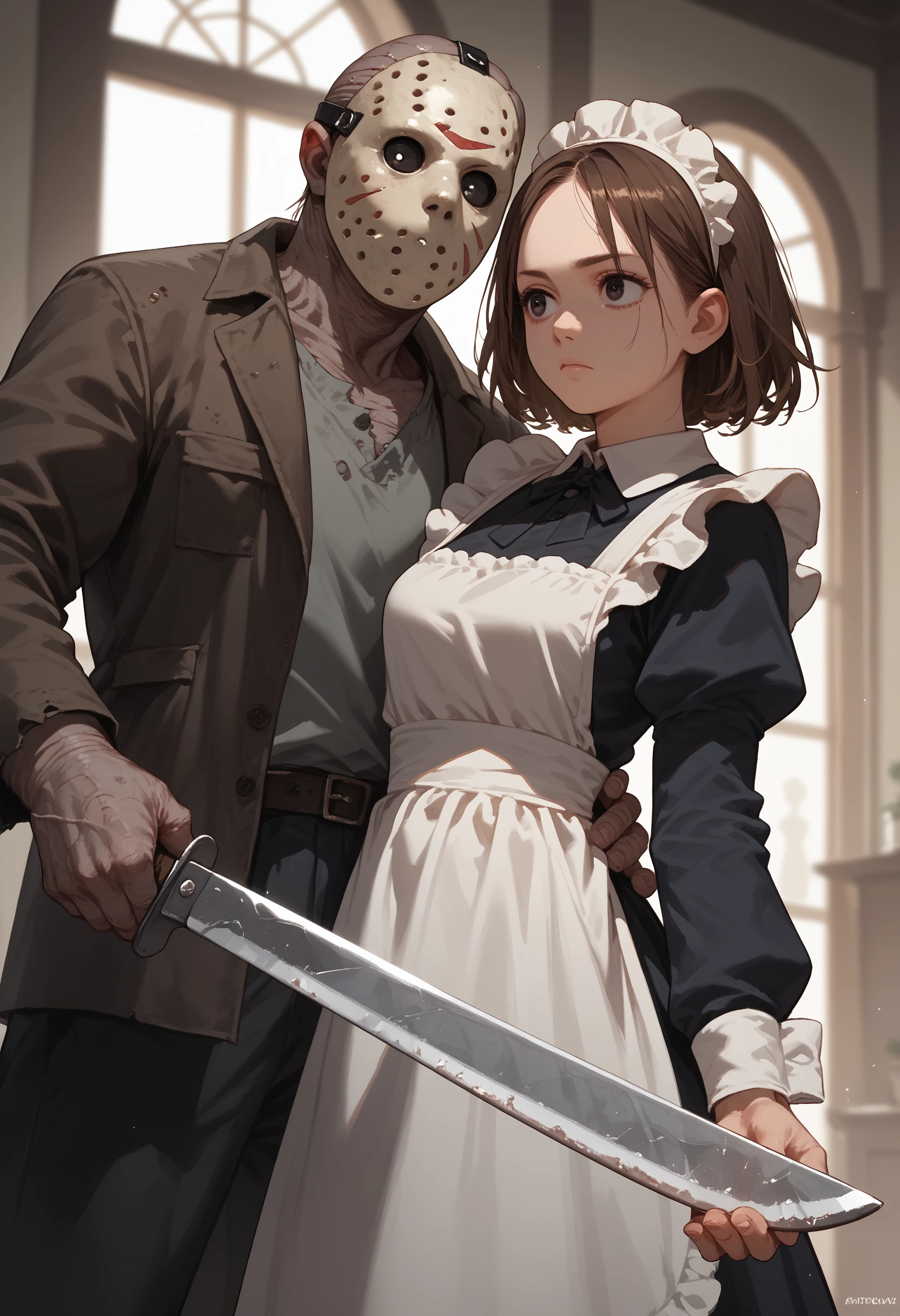 score_9, score_8_up, score_7_up, score_6_up, 1girl, brown hair, maid, 
monster, 1boy, holding machete, dark eyes,
<lora:jason_voorhees_v0.5-pony:1>