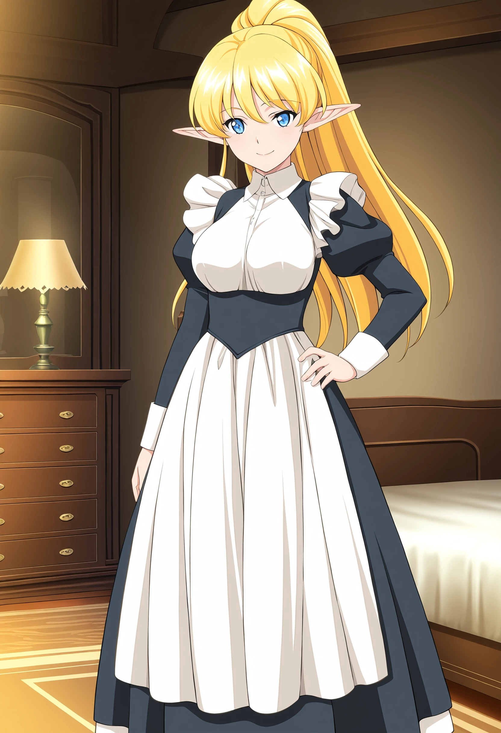 (full body image:1.5), (Princess Zelda, Standing, soio:1.2) ,(large full breasts:1.5), (She is dressed as a black maid with a very short white skirt/Very tight clothes on her body:1.3), (She is inside the hotel room in front of the bed:1.3), She has (Blue Eyes, Dark green mohawk hair:1.2), (She's smiling, Looking at the viewer. Exhibitionist pose:1.2), photorealistic full body, 16 k, Best Quality, high detailed, textured skin, UHD, Masterpiece, Anatomically accurate.
