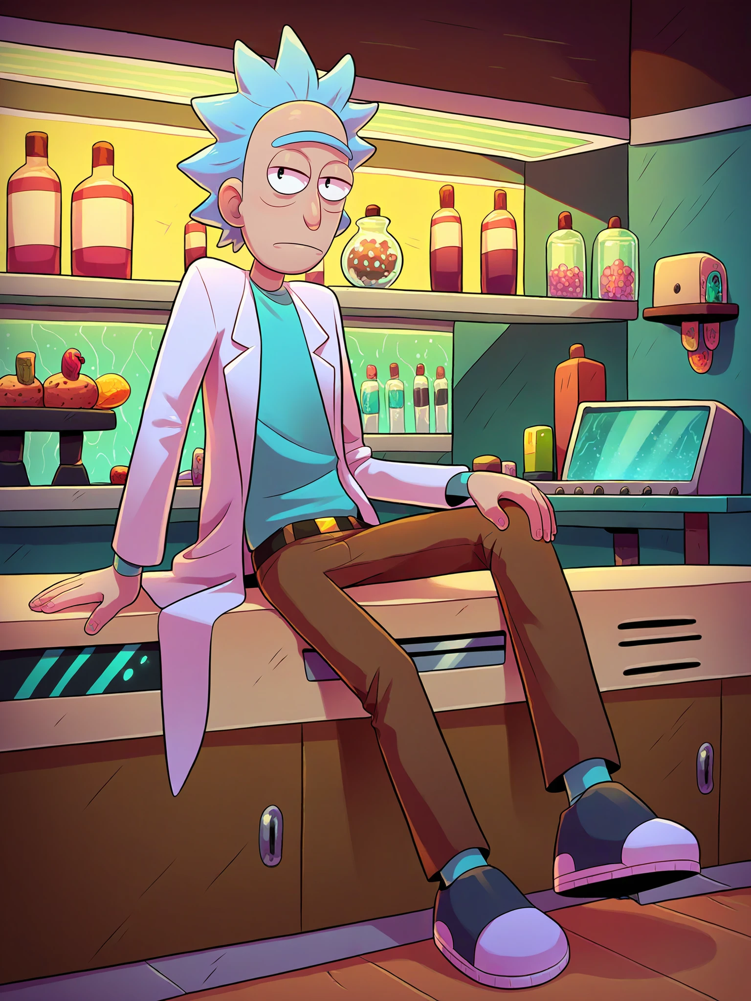 source_cartoon, score_9, score_8_up, score_7_up, score_6_up, full body,  <lora:Rick_Sanchez001:1> rick sanchez, 1boy, solo, male focus, old man, spiked hair, white hair, skinny, aqua shirt, brown pants,, belt, labcoat, sitting in a living room