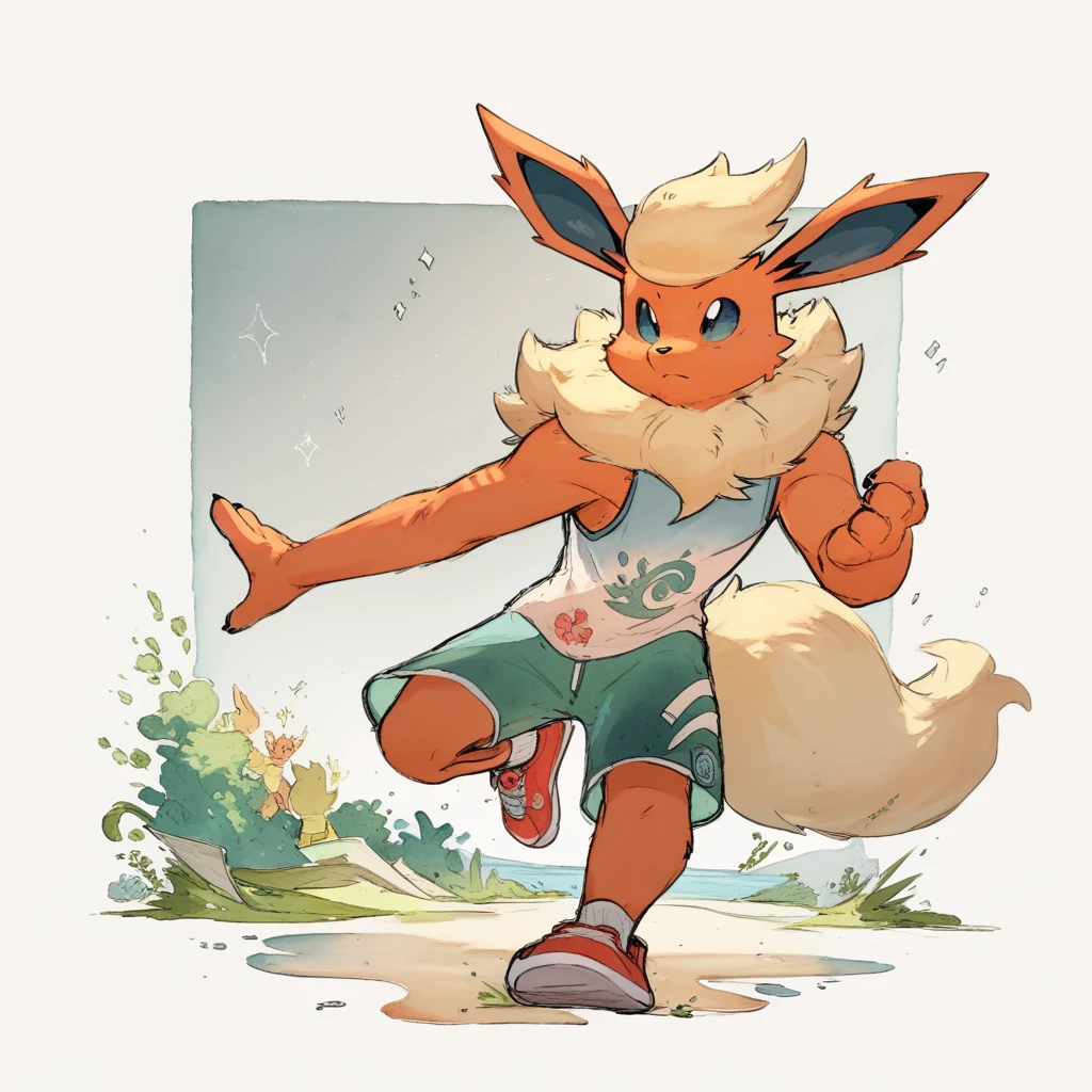 dahecksajerry, male, furry, pokemon, Flareon, casual clothes, dynamic pose, watercolor, score_9_up, score_8_up, score_7_up, score_6_up, score_5_up, score_4_up