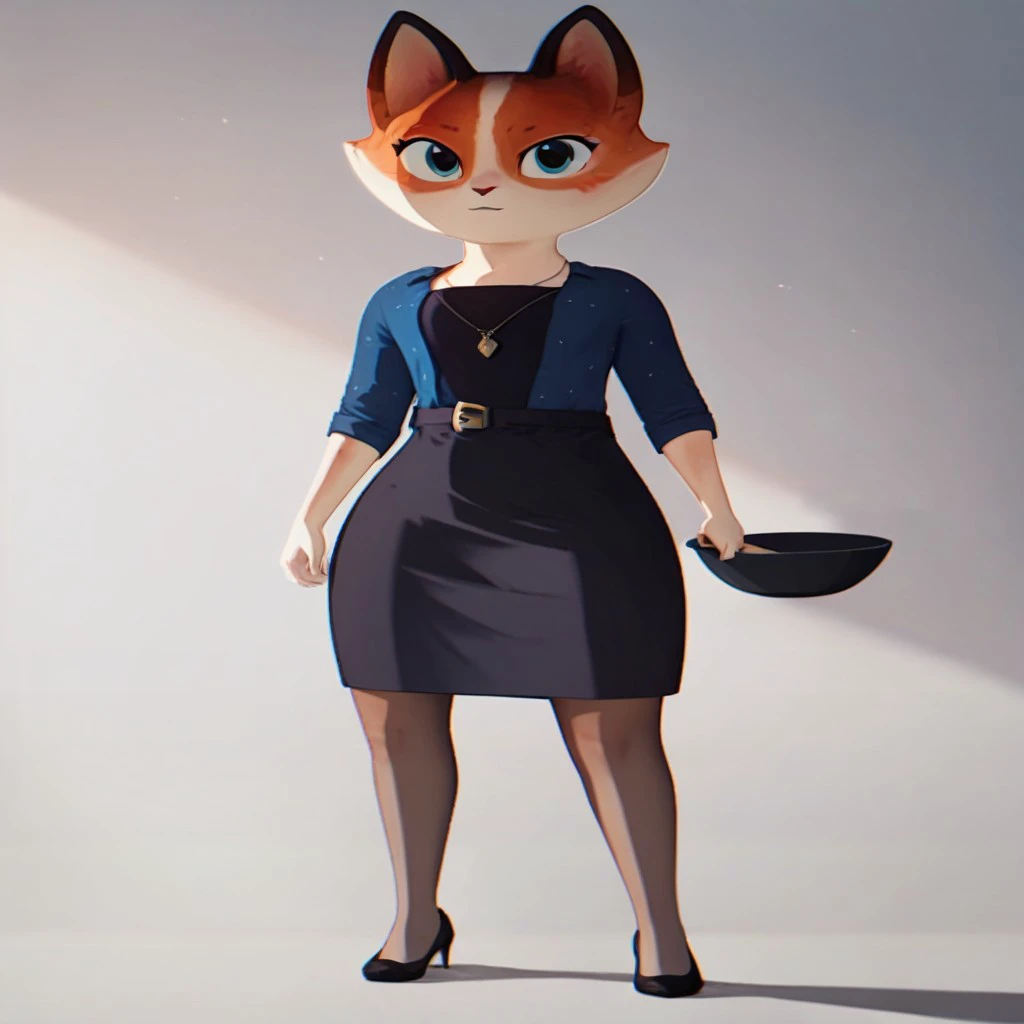 score_9, score_8_up, score_7_up,  j_cartoon, highly detailed, ((detailed shaders)), BREAK, alone, standing, female focus, blurry, dress, full body, black shirt, black dress, bowl, blue shirt, kat, female, blurry background, female cat, shirt, upper body, simple background, looking at viewer.