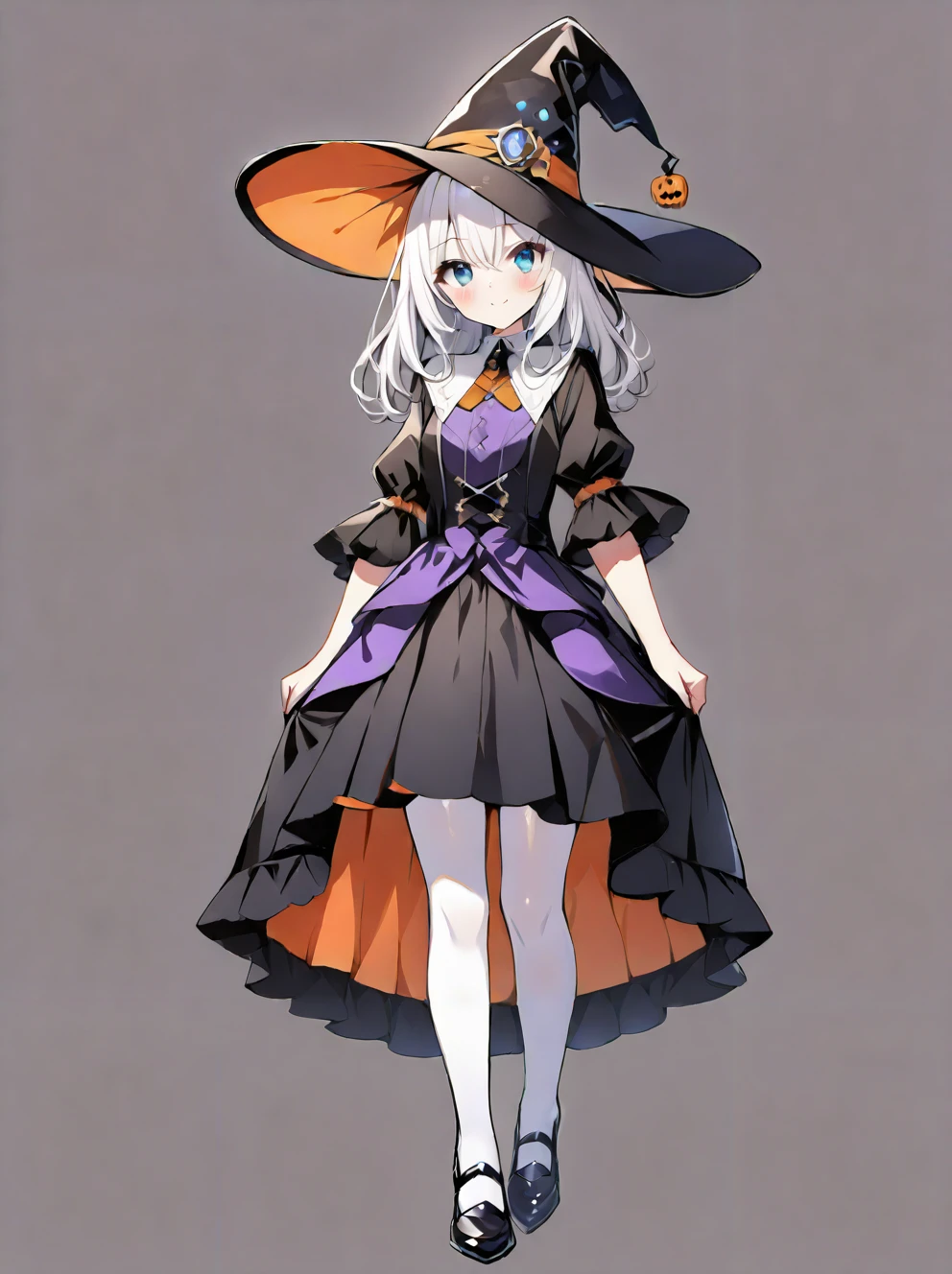 masterpiece,ultra-detailed,best quality,8K,illustration,cute face,clean skin ,shiny hair,girl,ultra-detailed-eyes,simple background <lora:witch_illustrious_V1.0:0.6> jyojifuku, witch, witch hat, dress, pantyhose, halloween, skirt