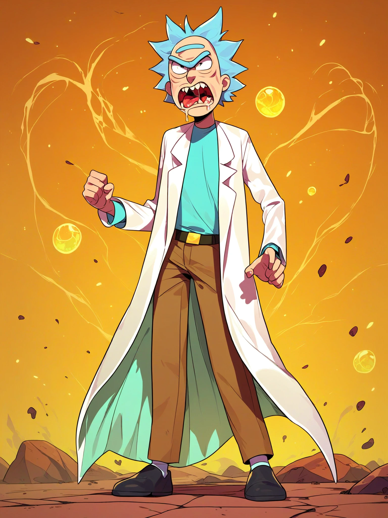 source_cartoon, score_9, score_8_up, score_7_up, score_6_up, full body, <lora:Rick_Sanchez001:1> rick sanchez, 1boy, solo, male focus, old man, spiked hair, white hair, skinny, aqua shirt, brown pants,, belt, labcoat, angry, saliva, shouting,