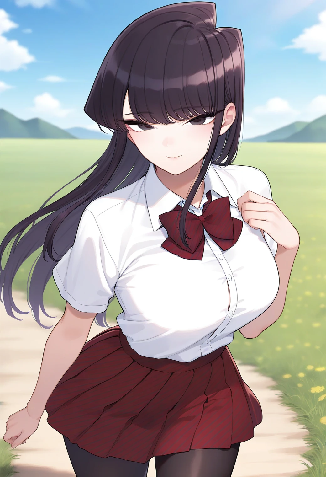 smile, cowboy shot, 
komi_shouko, black eyes, black hair, long hair, school uniform, red bowtie, white shirt, collared shirt, short sleeves, striped, pleated skirt, red skirt, black pantyhose, <lora:komi_shouko_illustrious_ver1:0.8>, masterpiece, best quality, sensitive,, 1girl, solo, (field:1.2), (blue sky:1.2),