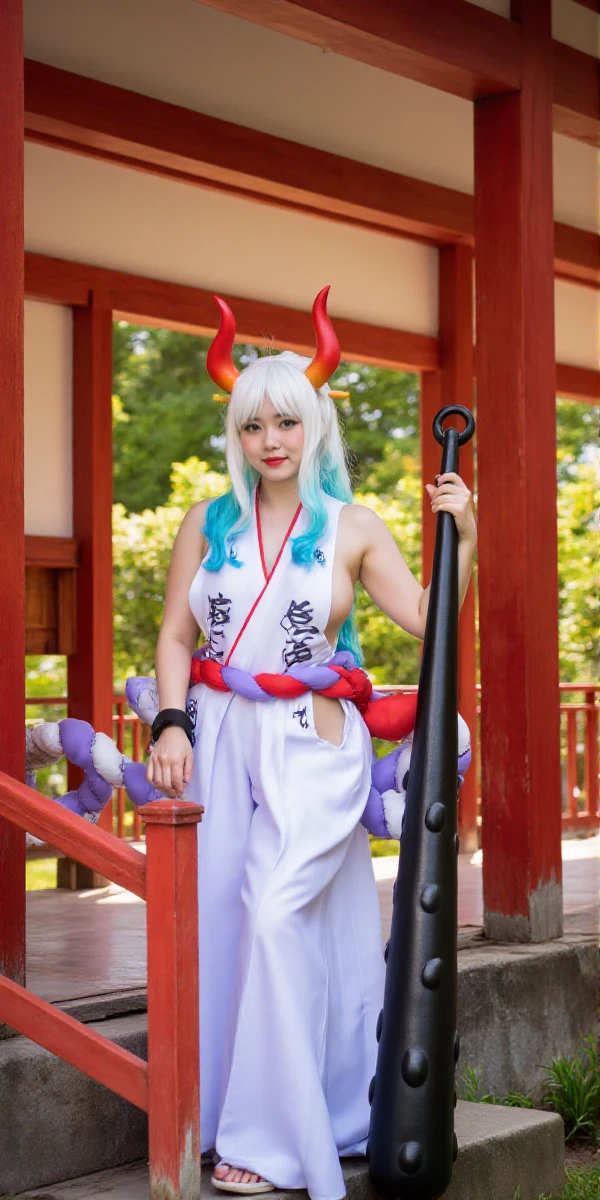 Yalamato is a multicolored hair woman with horns and wears japanese clothes and holds a stick in a in a japanese temple <lora:Yamato:0.9>