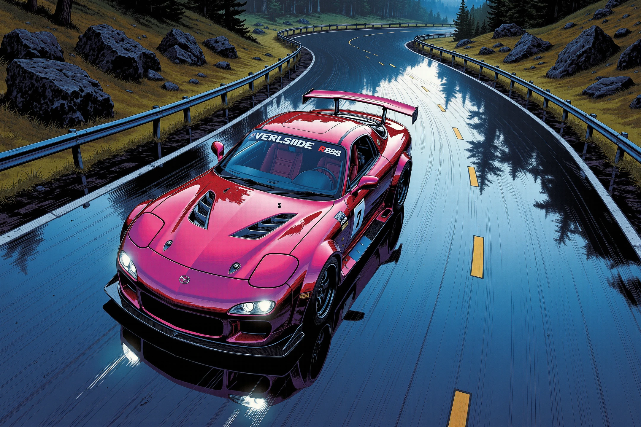 This dynamic portrayal of a (from above view:1.3) of a modified Mazda RX-7 showcases the sleek, dimly moonlit aggressive aesthetics of the VeilSide body kit, (while confidently passing a long arc in an elegant drift:1.2), with every detail radiating power and precision, in the (dark dim midnight environment of lonely serpentine road winding smoothly through the darkness of the wilderness, in a Japan Touge style:1.3). The carâs aerodynamic silhouette is finished in a flashy pink, rich with dark ruby metallic undertones and layered with chrome-like undertone under a polished, mirror-like surface, creating bright glints, enhancing its bold, vibrant presence. The front end features a wide, open grille and sculpted air intakes, emphasizing a high-performance, track-ready look, while sharp lines and carbon hood cuts lend a sense of motion even at a standstill. (The incredibly bright xenon headlights cut through the darkness of the night like bluish-white laser beams, emphasizing overall high tech look:1.2).  Flared wheel arches wrap tightly around the custom (Vossen VFS-1 Satin Black rims), whose intricate spokes add a touch of elegance to the overall muscular form, low profile tires with bold white text "TOYO TIRES R888". The rear is marked by an oversized carbon-fiber wing, solidly mounted for maximum downforce, adding a visual balance to the extended side skirts and front splitters. Racing decals on the side panels subtly accentuate the car's competitive nature, while the reflection on the glossy surface below echoes the carâs vivid colors and aggressive stance, amplifying its presence, (black windshield decal with bold white text "VeilSide" in a style of VeilSide logo). The sharp detailing, high contrast, and (predominantly black color palette sharply contrasting with vibrant colors of the car),  and very dark lighting, evoke a hyper-realistic digital rendering style, capturing the spirit of Japanese tuning culture and high-speed automotive art.
<lora:Comic book V2:1.1> Comic book style.