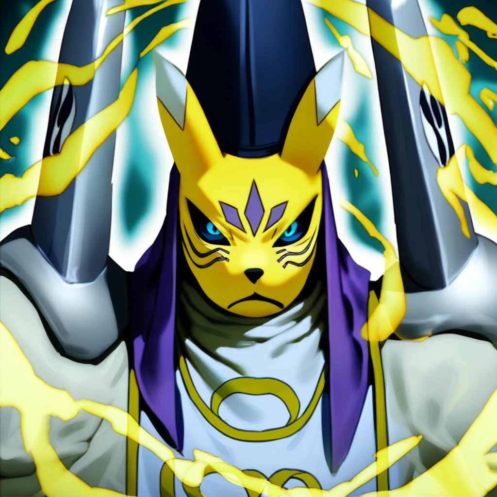 score_9, score_8_up, source_anime, flat color, taomon, furry, yellow fur, solo, 1boy, blue eyes, black sclera, serious, hat, tabard, shoulder armor, aura, glow, energy, face closeup, straight on