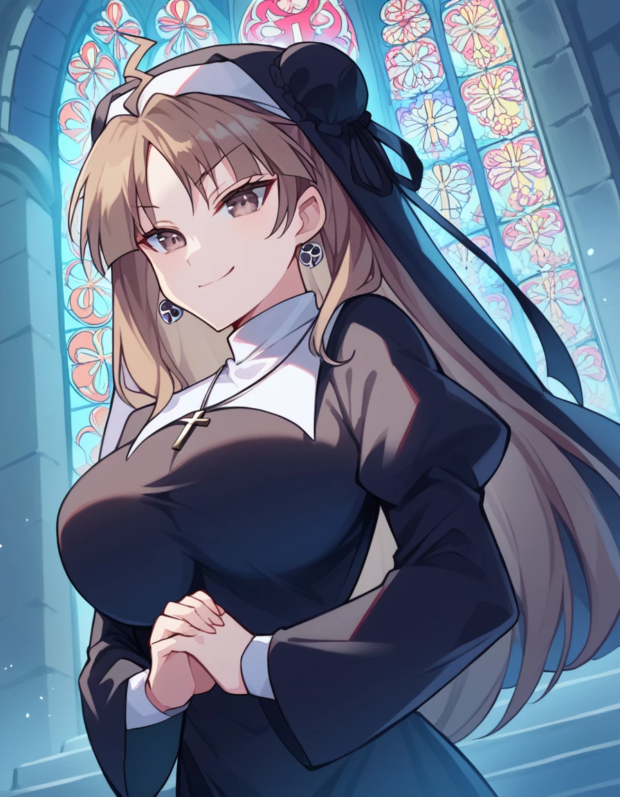 score_9, score_8_up, score_7_up, source_anime, <lora:sk-renka-s1-ponyxl-lora-nochekaiser:1>, renka, long hair, large breasts, brown hair, brown eyes, ahoge, hair bun, double bun, bun cover, <lora:traditional-nun-ponyxl-lora-nochekaiser:1>, traditional nun, nun, habit, long sleeves, dress, black dress, jewelry, black veil, cross, cross necklace,, church, smug, praying,, , dutch angle, cowboy shot