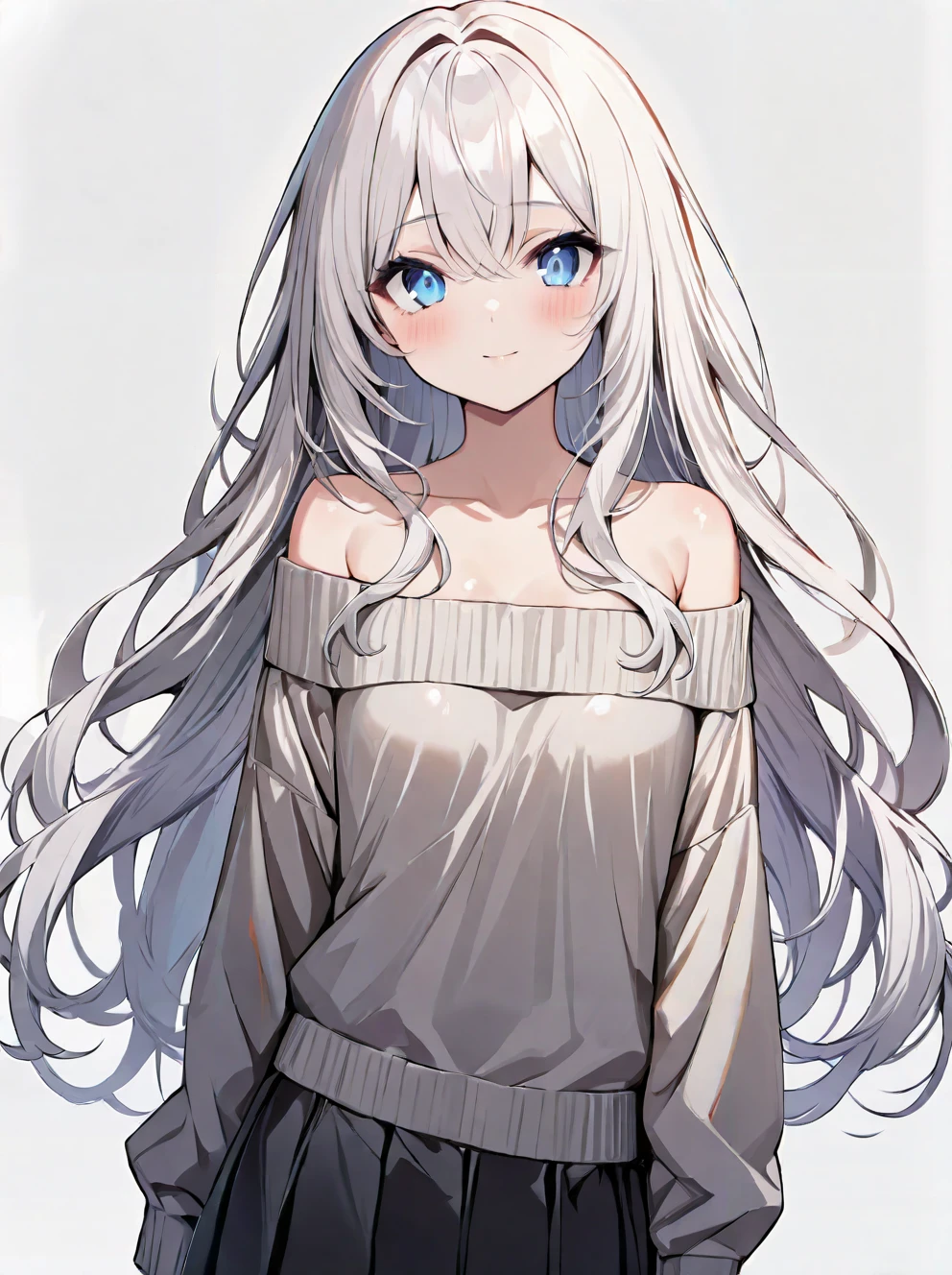 masterpiece,ultra-detailed,best quality,8K,illustration,cute face,clean skin ,shiny hair,girl,ultra-detailed-eyes,simple background   <lora:off-shoulder sweater_illustrious_V1.0:1> off-shoulder sweater, long sleeves, sleeves past wrists,skirt