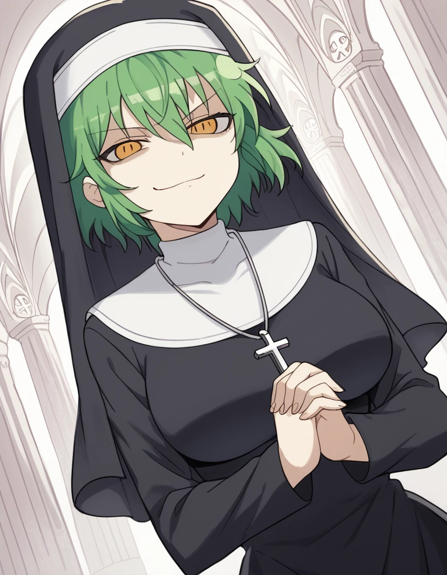 score_9, score_8_up, score_7_up, source_anime, <lora:sk-hikage-s1-ponyxl-lora-nochekaiser:1>, hikage, short hair, yellow eyes, slit pupils, green hair, large breasts,, <lora:traditional-nun-ponyxl-lora-nochekaiser:1>, traditional nun, nun, habit, long sleeves, dress, black dress, jewelry, black veil, cross, cross necklace,, church, smug, praying,, , dutch angle, cowboy shot