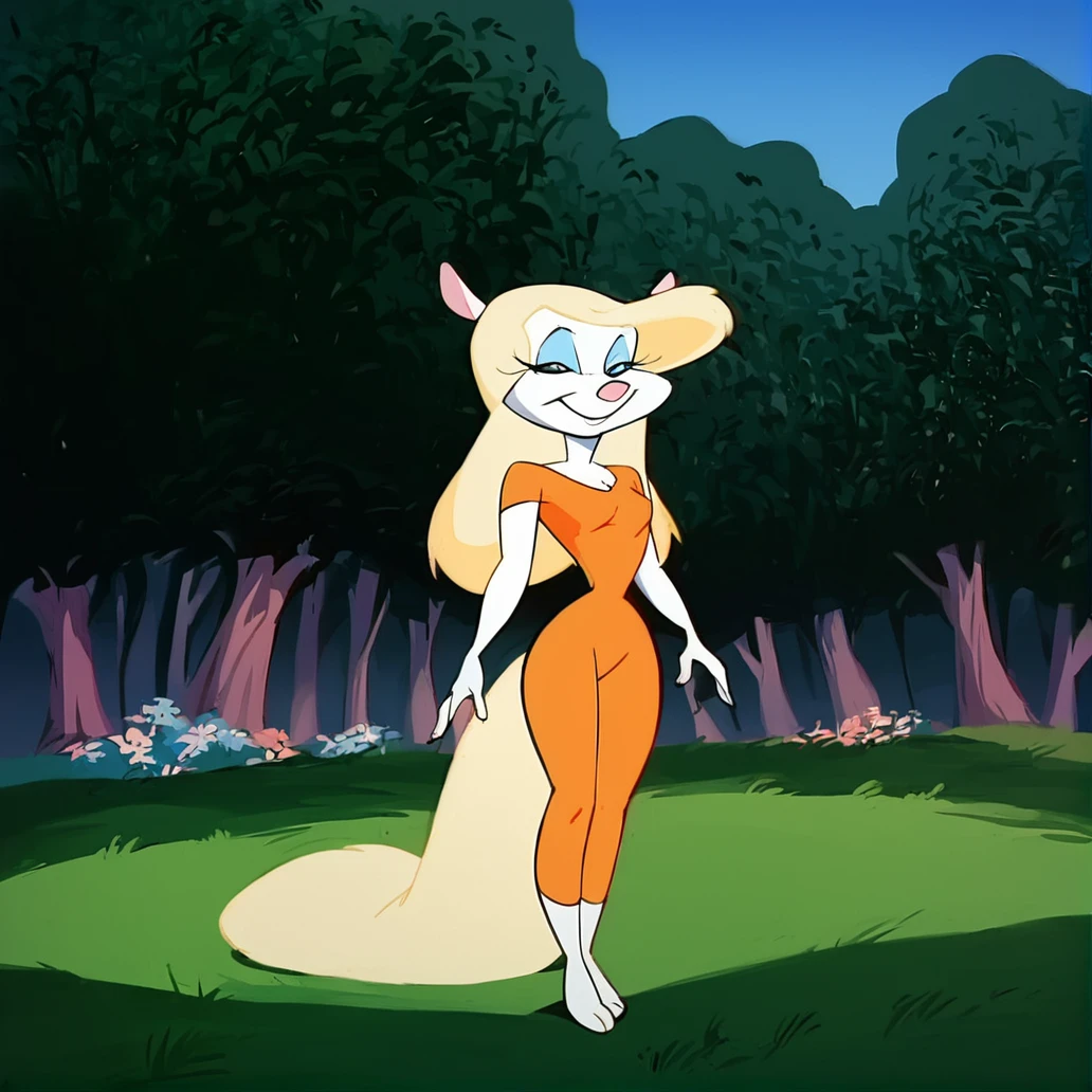 score_9, score_8_up, score_7_up, smile, ((seductive)), outdoors, trees, sky, grass, TVStyle, looking at viewer, ((alluring)) cowboy shot, day, ((dynamic shot))
BREAK
<lora:Minerva_Mink_XL_Animaniacs:1>, minerva mink, 1girl, solo, black eyes, white skin, blue eyeshadow, blonde hair, long hair, blonde fox tail, furry female, narrow waist, pink animal nose, ((sexy:1.3 pose)), gnpnt, orange bodysuit, barefoot, ((bodysuit)), 
BREAK
 sharp focus, 8k high definition, intricate details, (intricate), (finely textured),   zPDXL3_634798