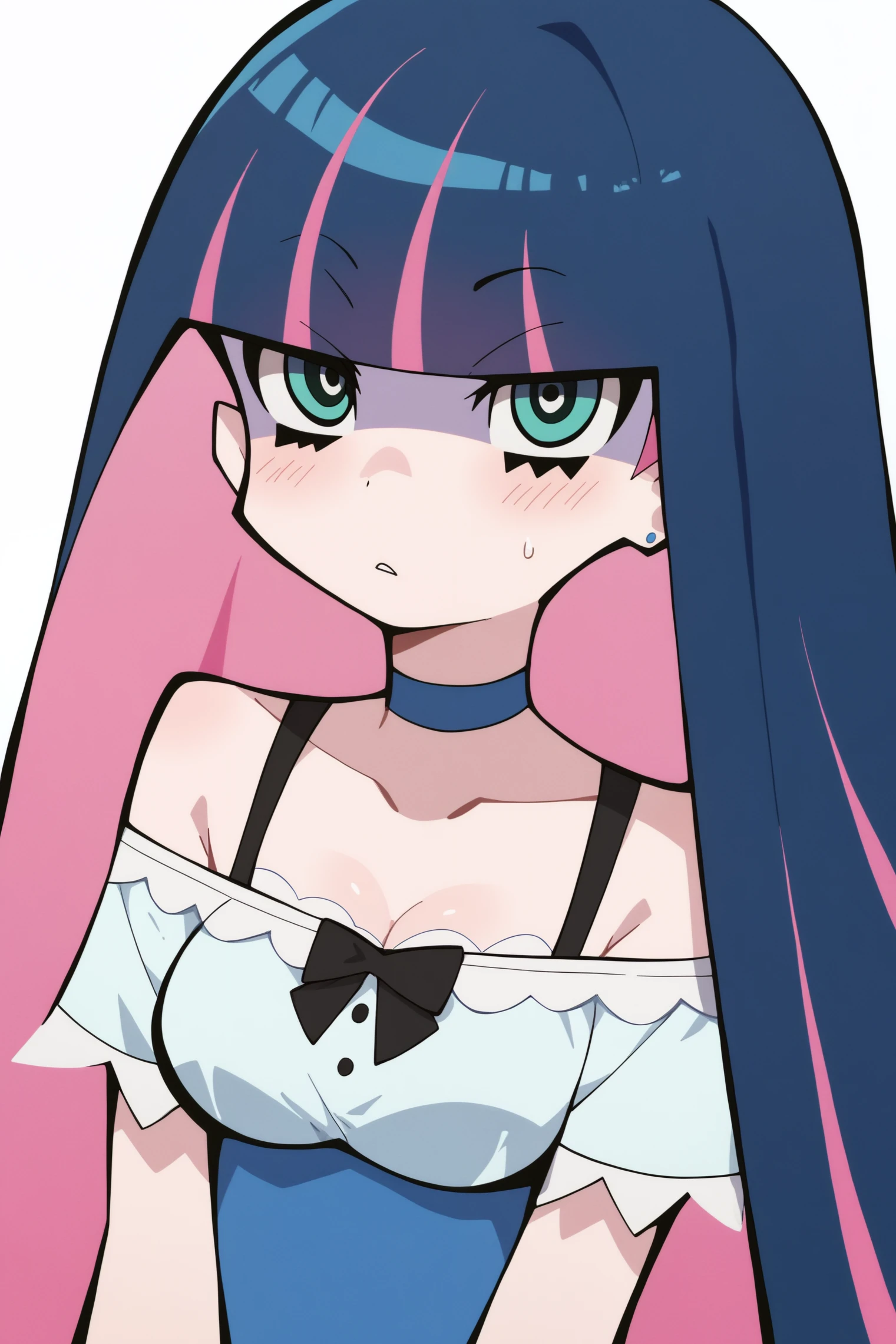 1girl in, solo, nakano nino, Pink hair, butterfly hair ornament, (barechested:1.3), (White apron),, cleavage of the breast, thighs thighs thighs thighs, Cafe background, (red blush:1.3), opening legs