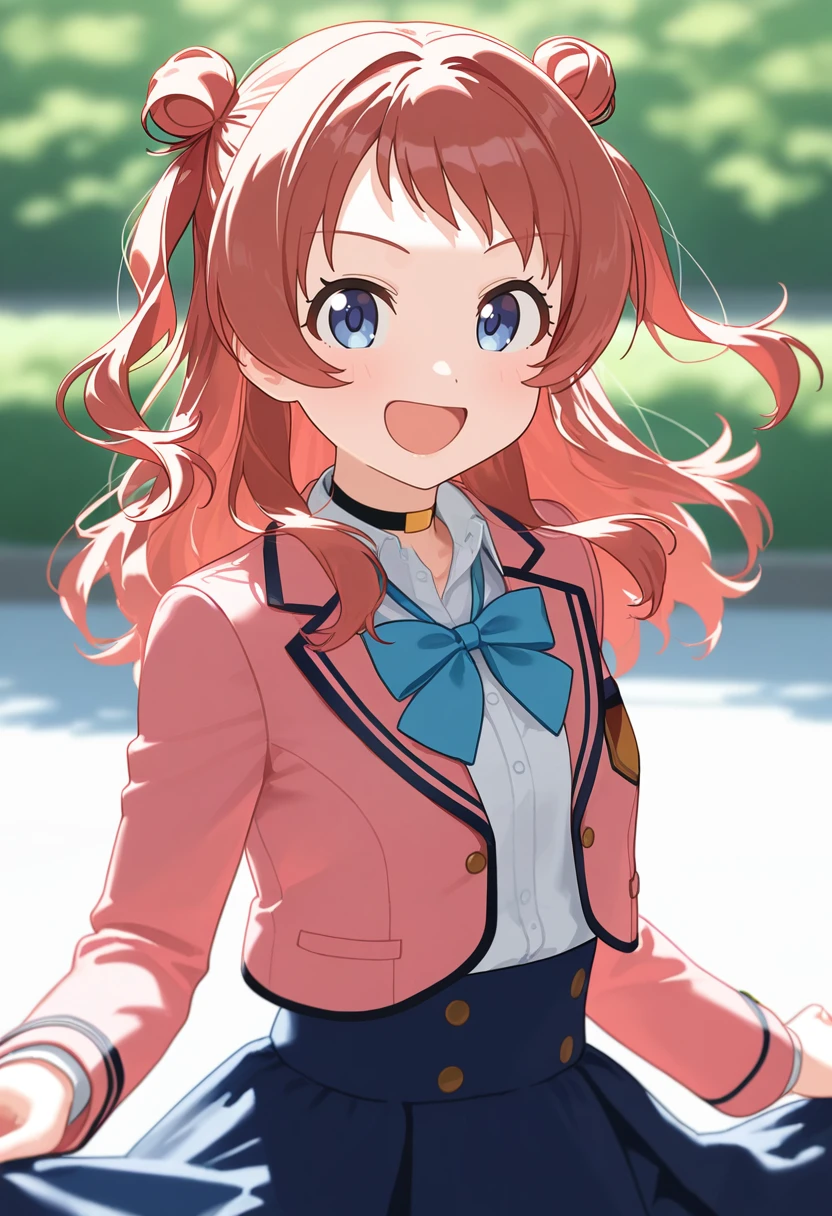 1girl, hanami saki, double bun, hair bun, brown hair, blue eyes, long hair, small breasts, school uniform, pink jacket, white shirt, blazer, collared shirt, blue ribbon, cropped jacket, blue skirt, <lora:Hanami Saki-04:1>, looking at viewer, solo, black choker, cowboy shot, :d, happy, one-hour drawing challenge, open mouth, outdoors, skirt hold, smile, , detailed eyes, volumetric lighting, shiny skin, humid skin, BREAK, best quality, amazing quality, highres, absurdres, very aesthetic, high resolution, ultra detailed, perfect details <lora:nyalia:0.4>