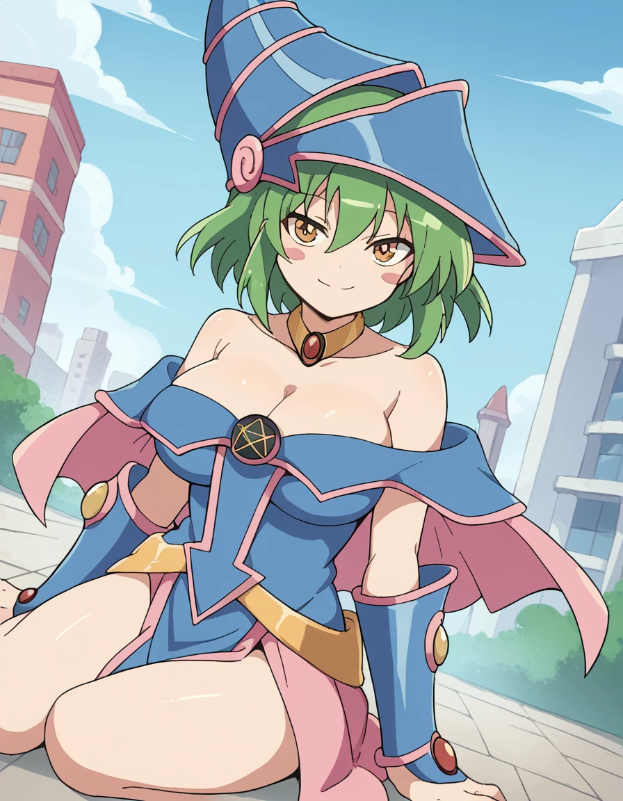 score_9, score_8_up, score_7_up, source_anime, <lora:sk-hikage-s1-ponyxl-lora-nochekaiser:1>, hikage, short hair, yellow eyes, slit pupils, green hair, large breasts,, <lora:dark-magician-girl-cosplay-ponyxl-lora-nochekaiser:1>, dark magician girl cosplay, dark magician girl (cosplay), bare shoulders, blue footwear, blush, blush stickers, cleavage, collarbone, duel monster, hat, off shoulder, pentacle, wizard hat,, outdoors, cityscape, sitting, smile, blush, cowboy shot, looking at viewer, , dutch angle, cowboy shot