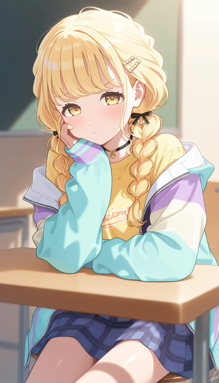 1girl, fujita kotone, twin braids, long hair, blonde hair, hair ornament, bangs, twintails, yellow eyes, small breasts, yellow shirt, multicolored jacket, sleeves past wrists, blue skirt, plaid skirt, pleated skirt, <lora:Fujita_Kotone-03:0.8>, looking at viewer, solo, black choker, cowboy shot, blush, chair, closed mouth, depth of field, hand on own cheek, hand on own face, indoors, light particles, signature, sitting, table, , detailed eyes, volumetric lighting, shiny skin, humid skin, BREAK, best quality, amazing quality, highres, absurdres, very aesthetic, high resolution, ultra detailed, perfect details <lora:nyalia:0.4>