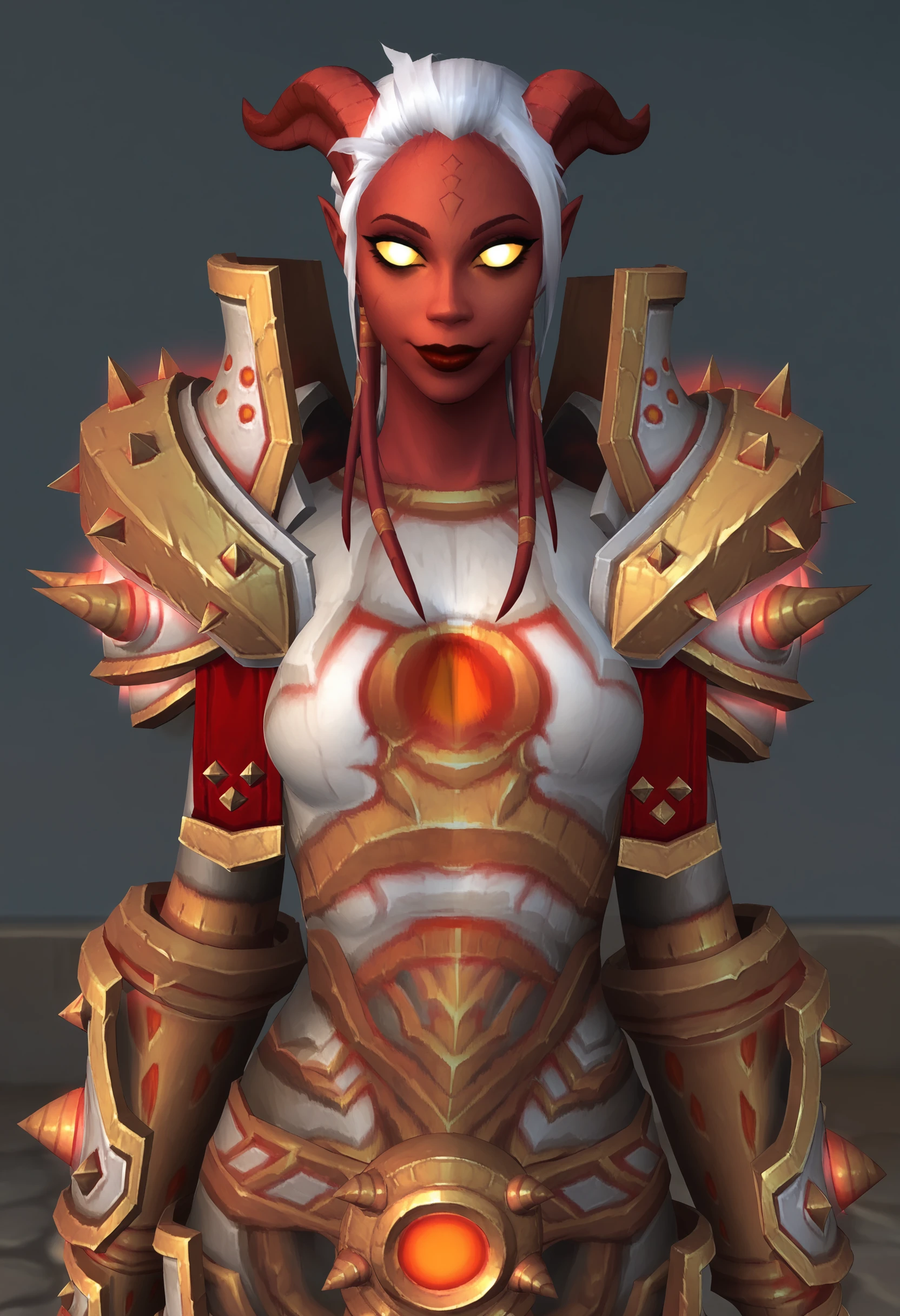 score_9, score_8_up, score_7_up, score_6_up, score_5_up, score_4_up, 1girl, <lora:DraeneiWarriorOC:0.95>  colored skin, red skin, yellow sclera, colored sclera, no pupil, pointy ears, white hair, horns, armor, shoulder armor, pauldrons, gauntlets, upper body, standing, looking at viewer, smile, front view, 
light blue background, simple background,