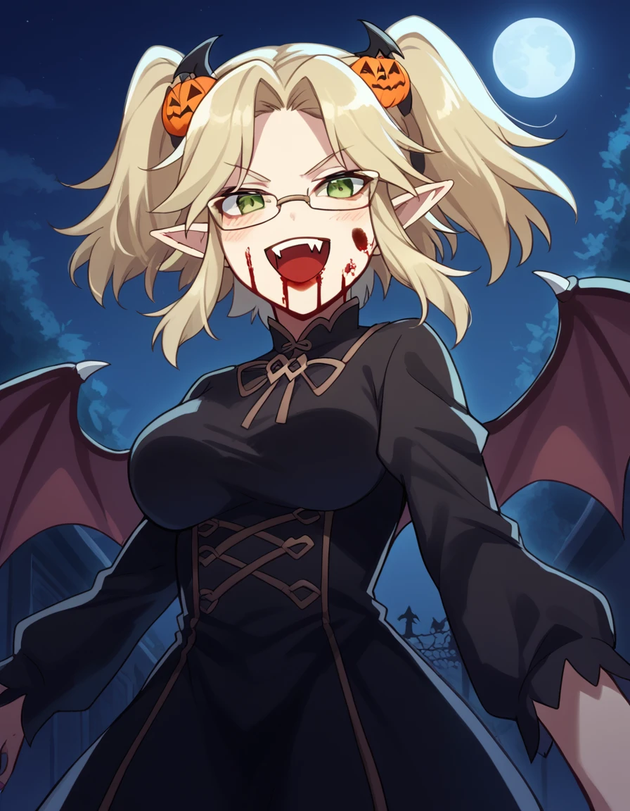 score_9, score_8_up, score_7_up, source_anime, <lora:sk-imu-s1-ponyxl-lora-nochekaiser:1>, imu, green eyes, glasses, hair ornament, twintails, parted bangs, blonde hair, large breasts,, <lora:vampire-ponyxl-lora-nochekaiser:1>, vampire, red eyes, pointy ears, fangs, black dress, wings, blood, blood on face, blood on mouth, bat (animal), halloween, halloween costume, upper teeth only, night, moon, blush, smile, open mouth, , dutch angle, cowboy shot