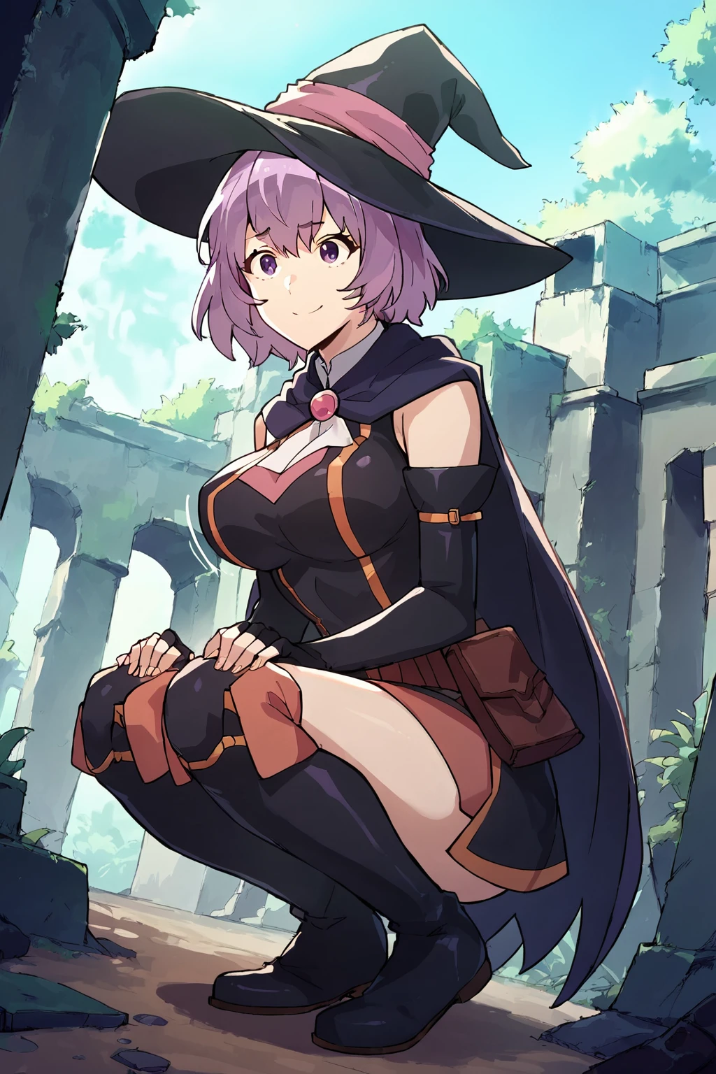 score_9,score_8_up,score_7_up,source_anime,<lora:Shihoru10:1>,ruins,forest,best quality,dutch angle,detached_sleeves,fingerless_gloves,boots,cape,witch hat,nsfw,purple_hair,purple_eyes,embarrased smile,bouncing breasts,squatting,