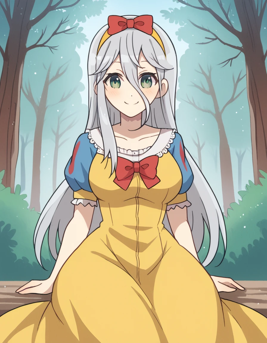 score_9, score_8_up, score_7_up, source_anime, <lora:sk-gekko-s1-ponyxl-lora-nochekaiser:1>, gekko, long hair, hair between eyes, green eyes, grey hair, hairband, yellow hairband, large breasts,, <lora:snow-white-cosplay-ponyxl-lora-nochekaiser:1>, snow white cosplay, snow white (disney) (cosplay), cosplay, dress, hair bow, puff and slash sleeves, puffy short sleeves, puffy sleeves, red bow, short sleeves, skirt, yellow skirt, yellow dress,, forest, sitting, smile, blush, apple,, cowboy shot,, , dutch angle, cowboy shot