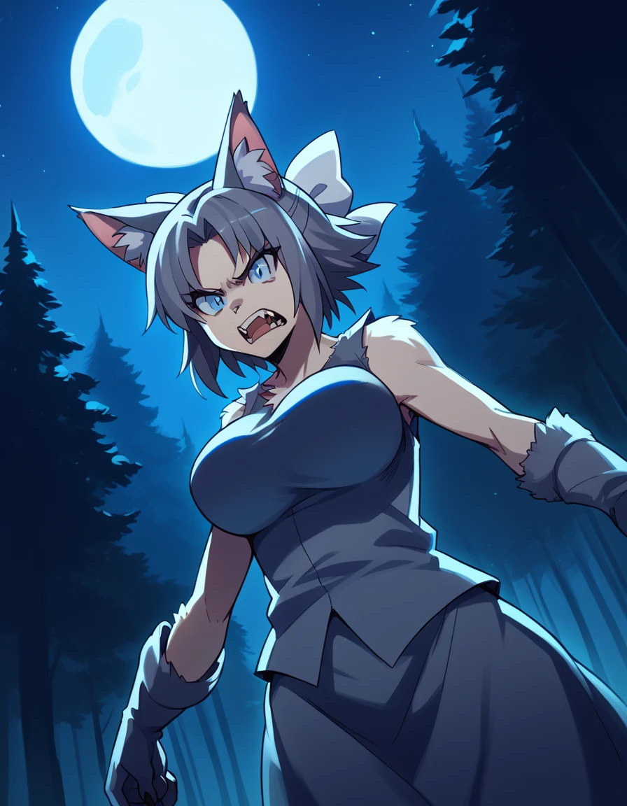 score_9, score_8_up, score_7_up, source_anime, <lora:sk-yumi-s1-ponyxl-lora-nochekaiser:1>, yumi, short hair, blue eyes, grey hair, hair bow, parted bangs, large breasts,, <lora:werewolf-ponyxl-lora-nochekaiser:1>, werewolf, furry, fangs, animal ears, gloves, angry, teeth, animal ear fluff,, forest, night, moon, open mouth, , dutch angle, cowboy shot