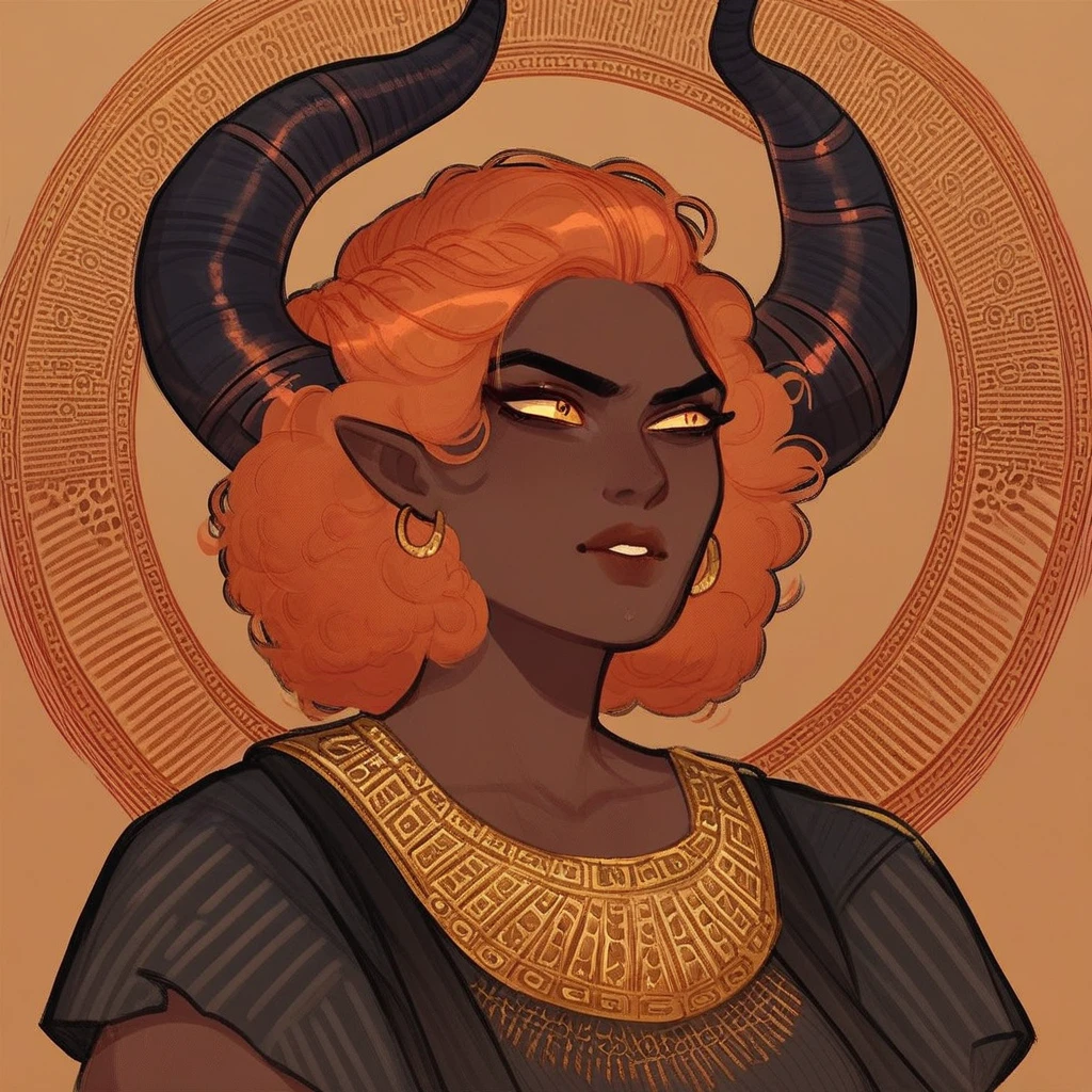 female focus, solo focus, solo, score_9, score_8_up, score_7_up, <lora:Ancient-greek-pottery-style:1> ancientgreekpotterystyle, 1 girl, succubus, demon girl, horns, wigns, dark skin, dark-skinned female, orange hair