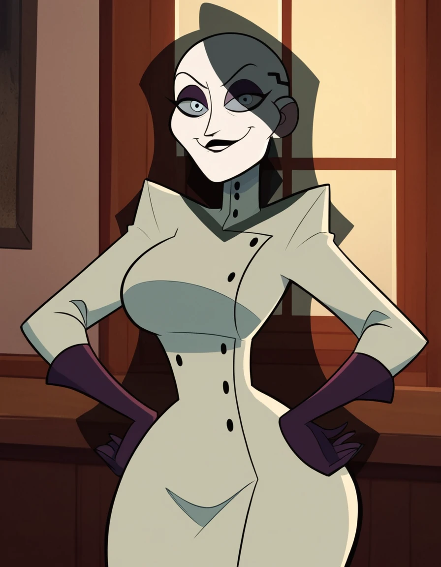 villanospenumbra, translucent hair, long hair, black hair, gray iris, black lips, lipstick, eyeshadow, pale skin, labcoat, elbow gloves <lora:Penumbra_Villanous:0.8>, looking at viewer, upper body, hands on hips, smug,, score_9, score_8_up, score_7_up, cute,