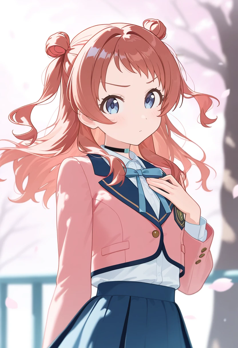 1girl, hanami saki, double bun, hair bun, brown hair, blue eyes, long hair, small breasts, school uniform, pink jacket, white shirt, blazer, collared shirt, blue ribbon, cropped jacket, blue skirt, <lora:Hanami Saki-04:1>, looking at viewer, solo, black choker, cowboy shot, closed mouth, hand on own chest, light blush, outdoors, upper body, , detailed eyes, volumetric lighting, shiny skin, humid skin, BREAK, best quality, amazing quality, highres, absurdres, very aesthetic, high resolution, ultra detailed, perfect details <lora:nyalia:0.4>