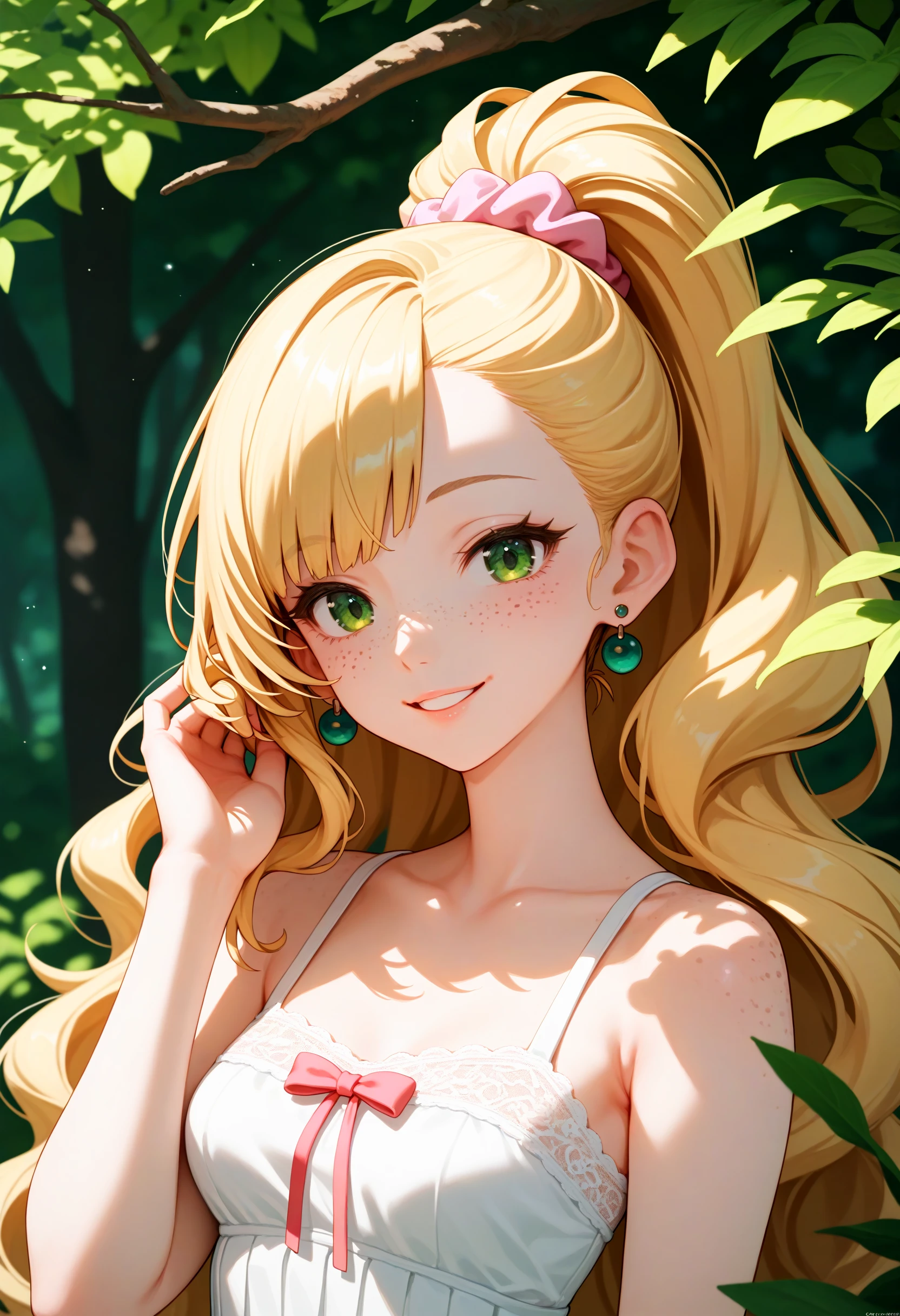 (masterpiece, best quality), 1girl, solo, face, parted lips, looking at viewer, light blush, light smile, pendant, ear piercing, long eyelashes, blonde hair, long wavy hair, high ponytail, asymmetrical bangs, green eyes, freckles, pale skin, outdoors, park, sunlight, pink scrunchie, white collared shirt, sleeveless, cleavage, small perky breasts, sexually suggestive