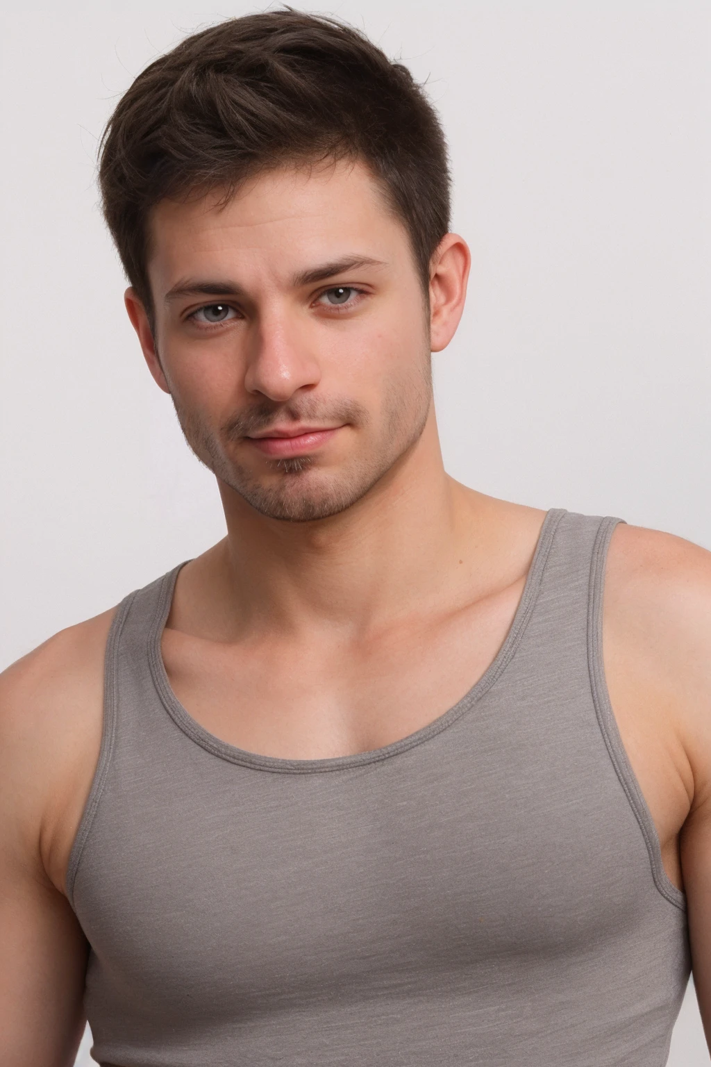 closeup photo, <lora:sc_dean_epoch_8:0.8> male dnperson, facial hair, wearing grey tank-top, white background