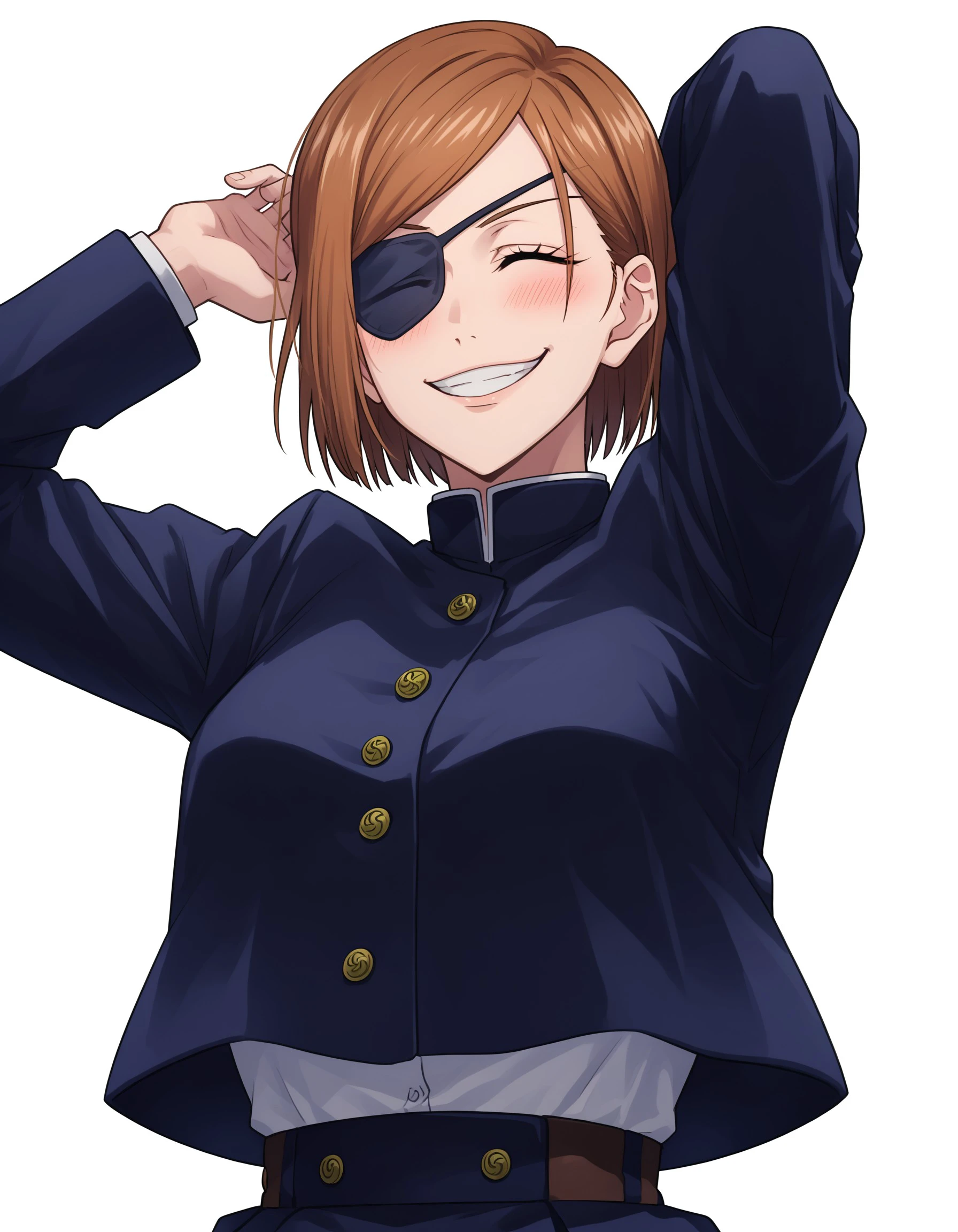 kugisaki nobara,jujutsu kaisen,1girl, eyepatch, smile, solo, jujutsu tech uniform, closed eyes, brown hair, grin, short hair, white background, upper body, blush, school uniform, jacket, arm up, simple background, black jacket, long sleeves, teeth, facing viewer, one eye covered, A detailed digital illustration of a young woman with long hair, wearing a black jacket and sunglasses, with the words "HEY! OPP!" written in the upper left corner., score_9, score_8_up, score_7_up, masterpiece, best quality, very aesthetic, absurdres, <lora:57a177e0-e44e-45e4-a59d-d269af0302ec:0.7>