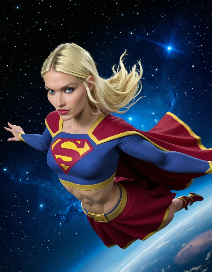 PHOTO, 1girl, Kara Zor-El, blonde hair, blue eyes, toned skin, narrow waist, midriff exposed, Supergirl suit with long sleeves, red cape, posing, smiling, space background, floating in space, flying, mid air