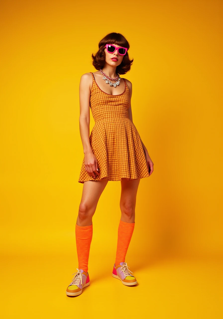  full body image of a Milla Jovovich model shot, neon rim lights, wearing a buffy dress and vintage sunglasses,
 hazzy, shot on a yellow background, realistic, photographic, details, specular, reflections, 
80s, clothing and accessories, leg warmers, shoulder pads, brightly colored sneakers, 
in a room a fun and energetic, lumen reflection, diffraction gradation, chromatic aberration,
 gb displacement, scan lines, ray tracing, ray tracing ambient occlusion, anti-aliasing, fkaa, txaa, 
rtx, ssao, shaders, opengl-shaders, glsl-shaders, tone mapping, cgi, evoking, cinematic, color grading,
 photography, ultra-wide angle, fiber optic, very detailed, focused, 8k, wallpaper, 32k, super resolution, 
megapixel, prophoto rgb, vr, half moon lighting, backlighting, natural lighting, incandescent, fiber optic,
 mood lighting, cinematic lighting, studio lighting, soft lighting, photos realistic, volumetric, 
beautiful lighting, accent lighting, global illumination, global illumination, 
global illumination in screen space, global illumination, ray tracing, optics,
 dispersion, brightness, shadows, roughness, glare, ray tracing reflections