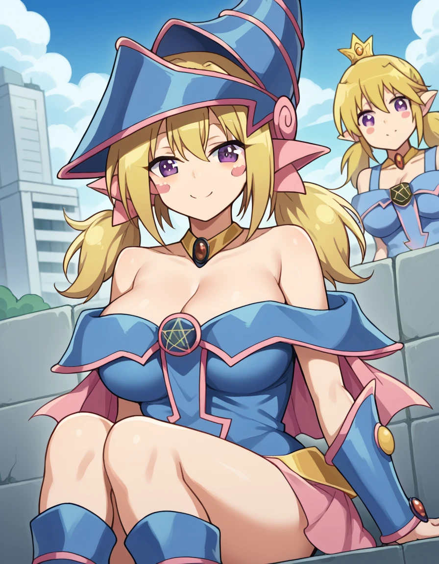 score_9, score_8_up, score_7_up, source_anime, <lora:sk-kafuru-s1-ponyxl-lora-nochekaiser:1>, kafuru, long hair, purple eyes, blonde hair, twintails, crown, hair ornament, large breasts,, <lora:dark-magician-girl-cosplay-ponyxl-lora-nochekaiser:1>, dark magician girl cosplay, dark magician girl (cosplay), bare shoulders, blue footwear, blush, blush stickers, cleavage, collarbone, duel monster, hat, off shoulder, pentacle, wizard hat,, outdoors, cityscape, sitting, smile, blush, cowboy shot, looking at viewer, , dutch angle, cowboy shot