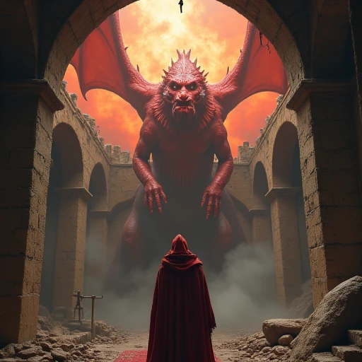 an image of a cultist of the bretheren looking up through a damaged ceiling at an enormous red fire-breathing dragon