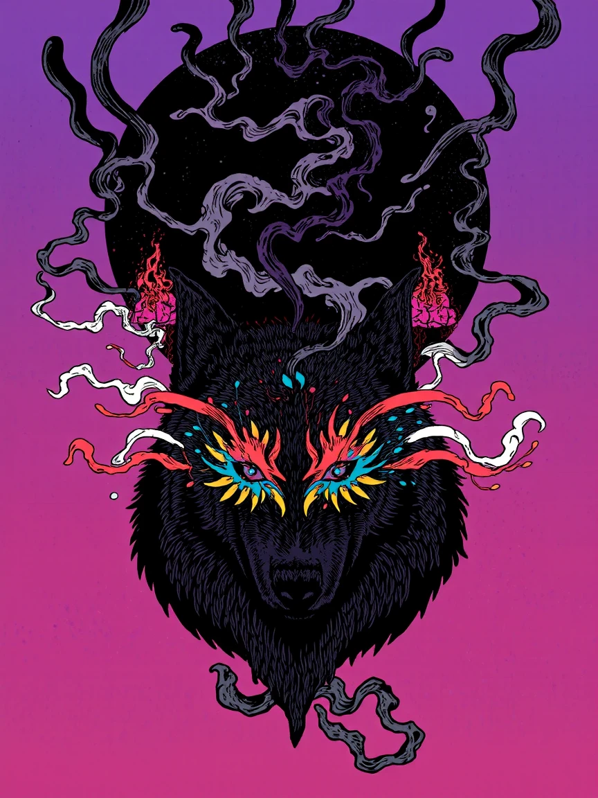 This is a vibrant, fantastical digital illustration in a psychedelic style. The central figure is a stylized, anthropomorphic black wolf with piercing, glowing eyes that seem to be a swirling vortex of colors, including blue, orange, and yellow. The wolf's face is adorned with intricate, swirling patterns that resemble flames or energy. Smoke or mist-like tendrils emanate from its head, curling upwards towards a large, dark, almost black sun that dominates the top of the image, creating a surreal, otherworldly effect.