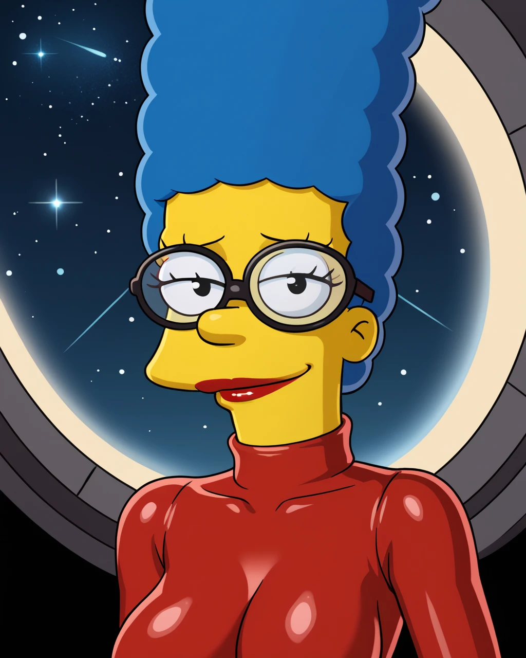 solo,hfmarge the simpsons,blue hair,full face, face should be visible, she is wearing a red latex bodysuit, on her head are futuristic glasses, they do not cover her face, red lipstick, black background of the starry sky, with a spaceship and the planet Jupiter, she is smiling <lora:hfmarge114:0.8>