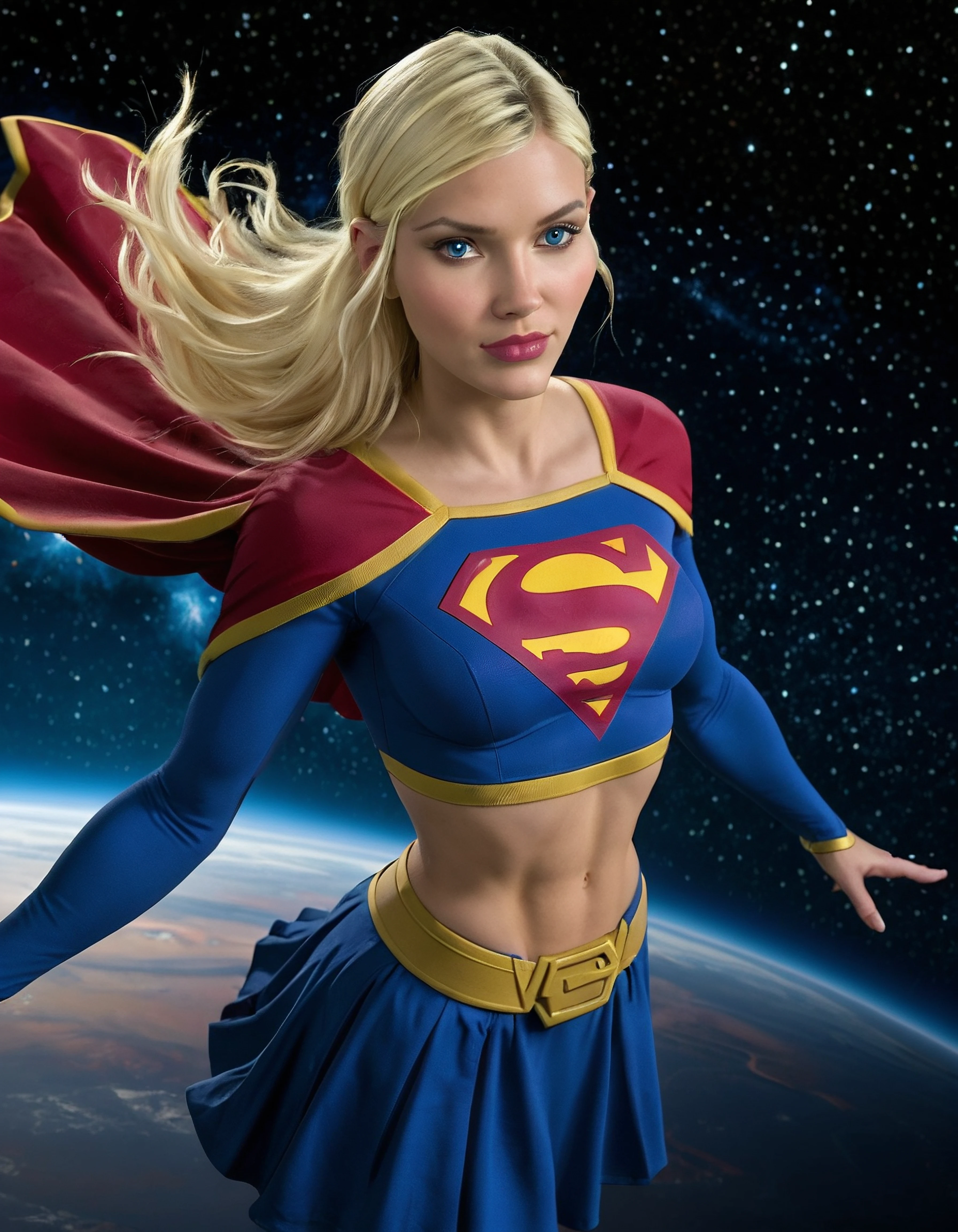 PHOTO, 1girl, Kara Zor-El, blonde hair, blue eyes, toned skin, narrow waist, midriff exposed, Supergirl suit with long sleeves, red cape, posing, smiling, space background, floating in space, flying, mid air