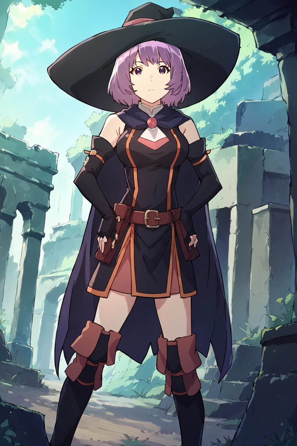 score_9,score_8_up,score_7_up,source_anime,<lora:Shihoru10:1>,ruins,forest,best quality,dutch angle,detached_sleeves,fingerless_gloves,boots,cape,witch hat,nsfw,purple_hair,purple_eyes,