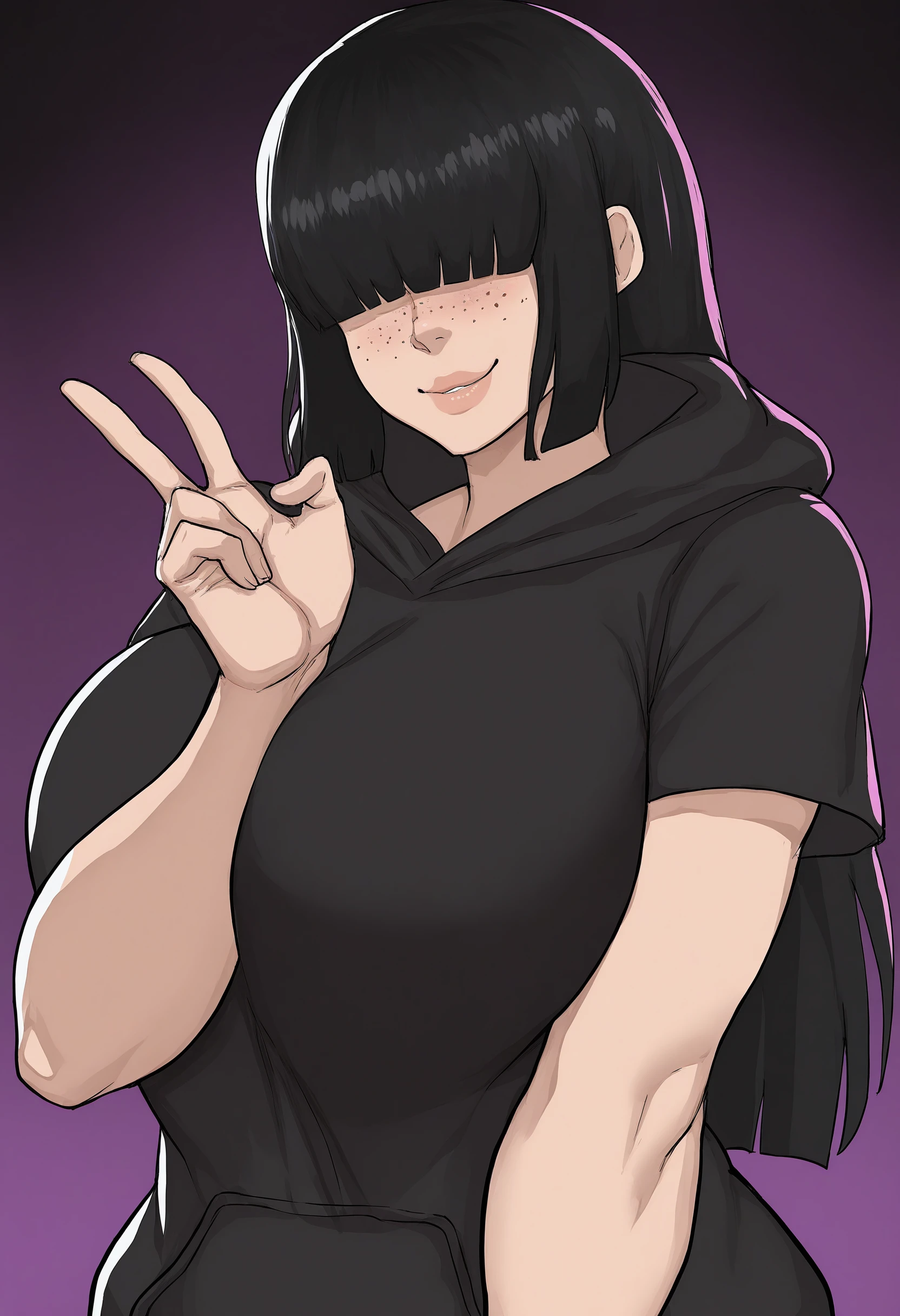 <lora:Cyberboi-guy-Illust-Lycorisv1:1> cyboii, 1girl, solo, v, dark background, purple background, large breasts, black hair, hime cut, long hair, hair over eyes, seductive smile, looking at viewer, freckles, black hoodie, short sleeves, presenting, portrait, 
masterpiece, best quality