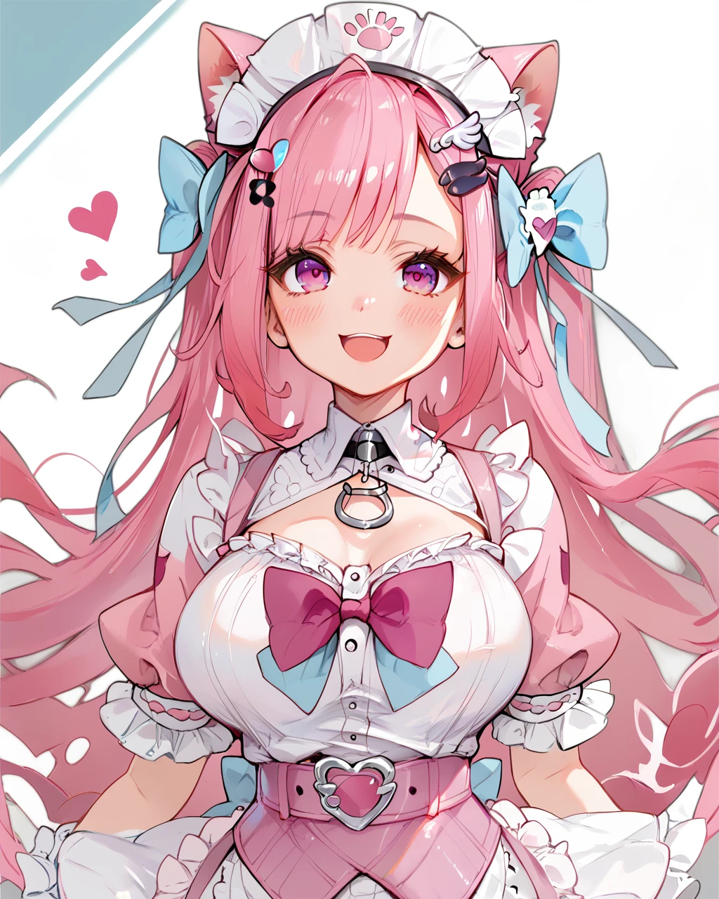 <lora:Sakuna YukiPDXL_v1:1>Sakuna YukiPDXL, 1girl, solo, pink hair, breasts, smile, looking at viewer, blush, heart, puffy sleeves, open mouth, frills, upper body, short sleeves, :d, belt,, <lora:Expressive_H:1> ExpressiveH<lora:incase-ilff-v3-4:0.2> <lora:RampageLycoXL:0.2> <lora:reiq_style:0.2> <lora:fellatrix_style:0.25> <lora:officialpit_style_v11:0.25> score_9, score_8_up, score_7_up,