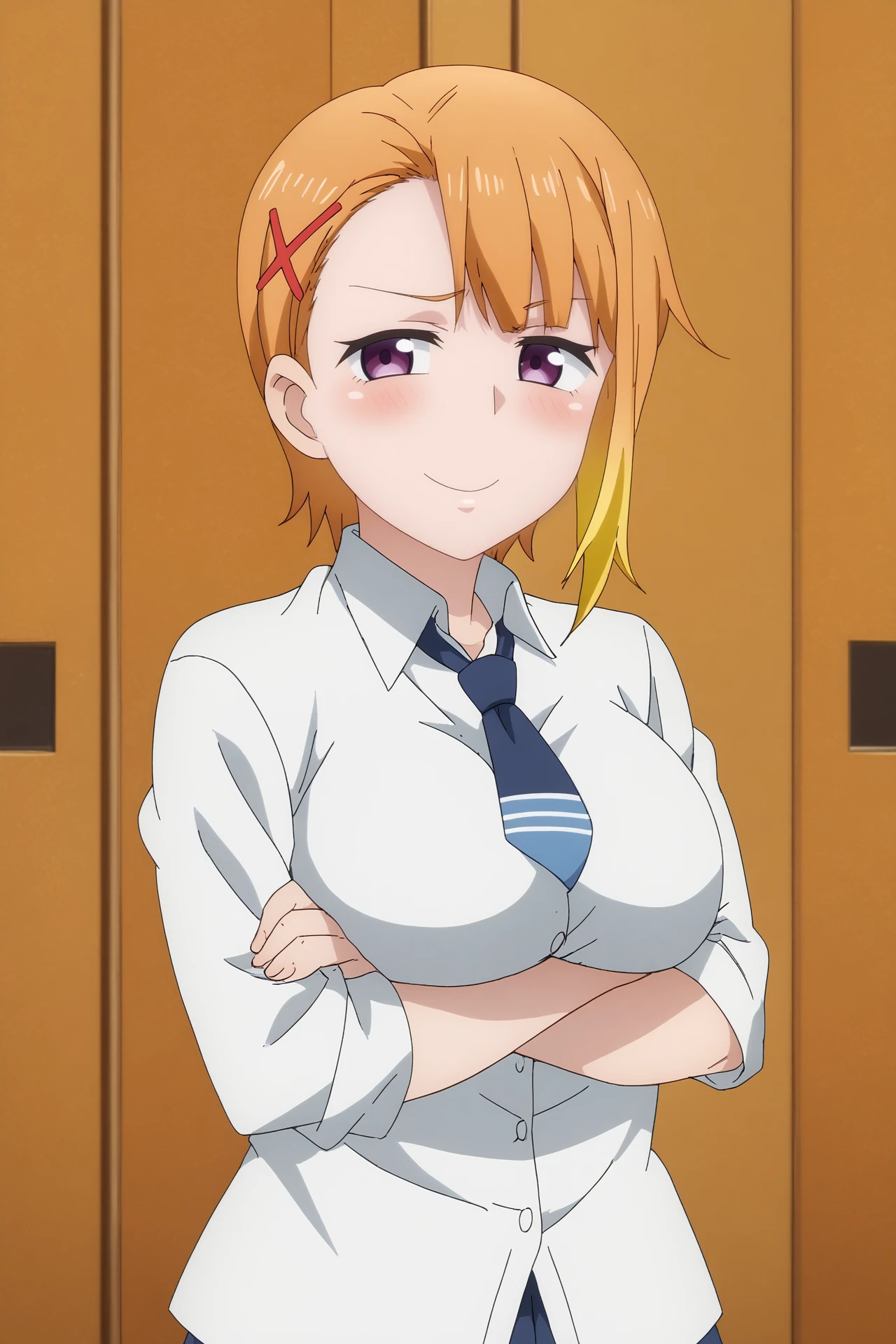 hana yurikawa,1girl,solo,hair ornament,x hair ornament,short hair,hairclip,blonde hair,necktie,school uniform,smile,shirt,looking at viewer,breasts,large breasts,standing,mature,arms_under_breasts, smirk,blush
BREAK
indoors,locker_room,corridor,school corridor



<lora:Hana_Yurikawa_-_Mieruko_Chan.safetensors:0.8>
<lora:detailed_backgrounds_v2.safetensors:0.5>
