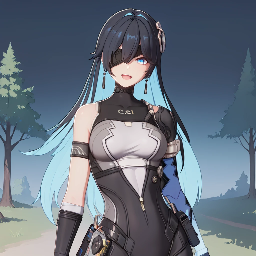 zPDXL3, 1girl, solo, xiva, black hair, blue eyes, eyepatch, long hair, gloves, blue hair, multicolored hair, fingerless gloves, breasts, two-tone hair, bodysuit, blue sleeve, asymmetrical clothing, hair ornament,  looking at viewer, facing viewer, open mouth, smile,
score_9, score_8_up, score_7_up, masterpiece,
outdoors, forest, 
<lora:xiva:0.85>