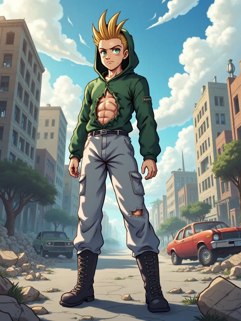 Solo, A Young man blonde hair green chaket whith hood and grey pants and black boots and green and blue eyes the chaket is broken and exposed the abs, lineart
BRAKE 
in street of big city post-apocalyptic , morning time , destroyed buildings,  abandoned cars, debris on the street
Ilustration high quality,  detailed background,  8k